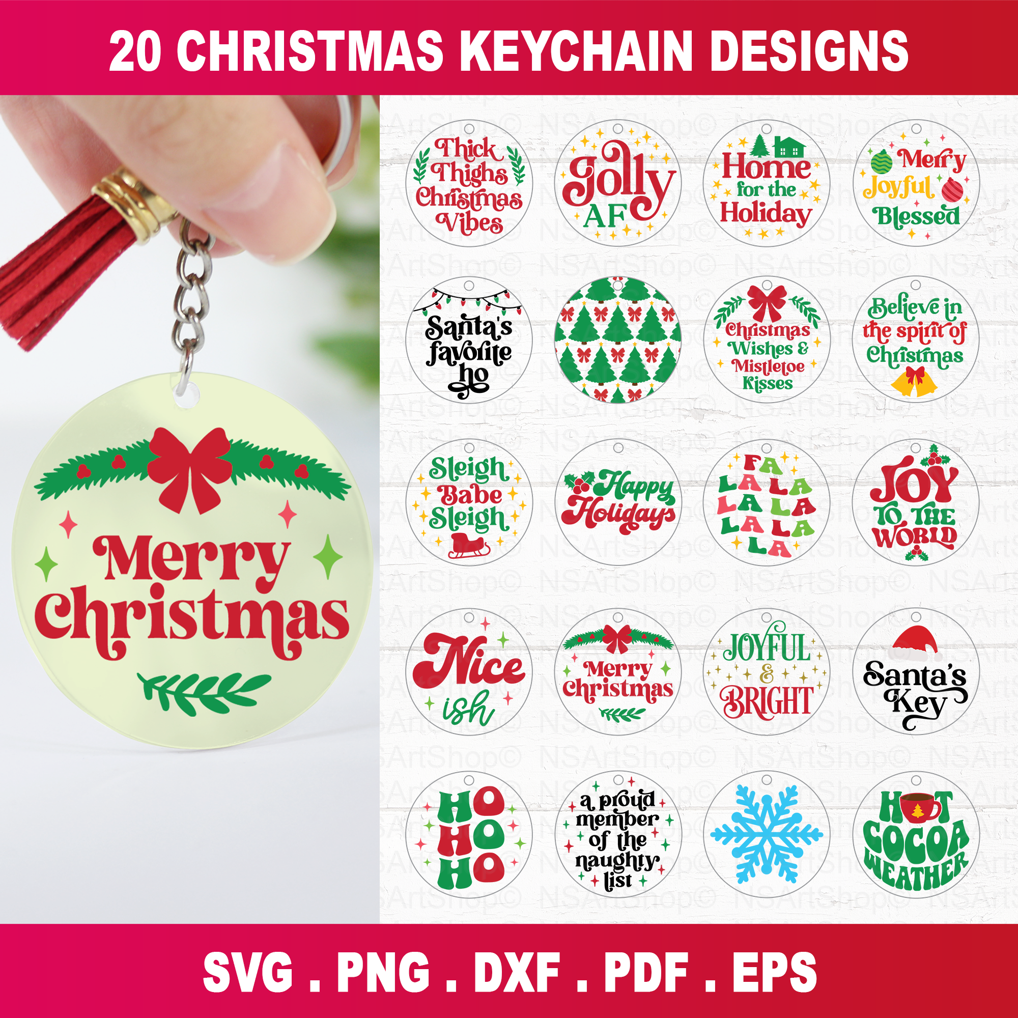 Download 20 Christmas Round keychain designs with festive quotes. Perfect for Cricut, Silhouette, comes is svg, png, dxf, eps, and pdf files