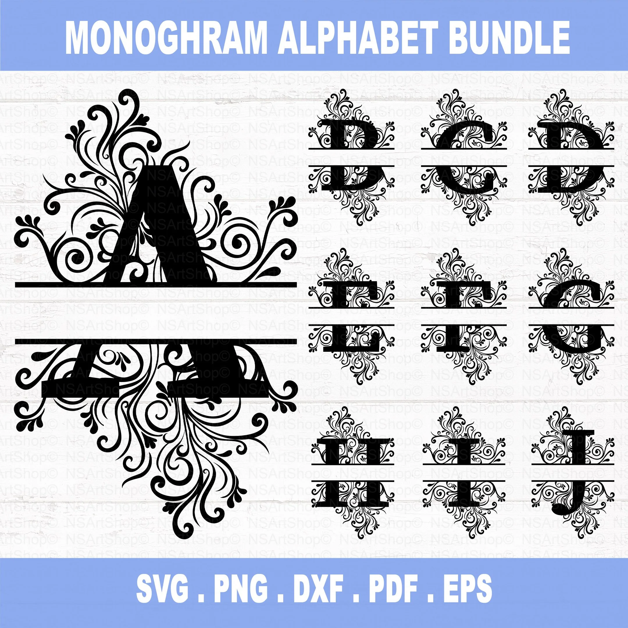 Floral Split Monogram Alphabet SVG File