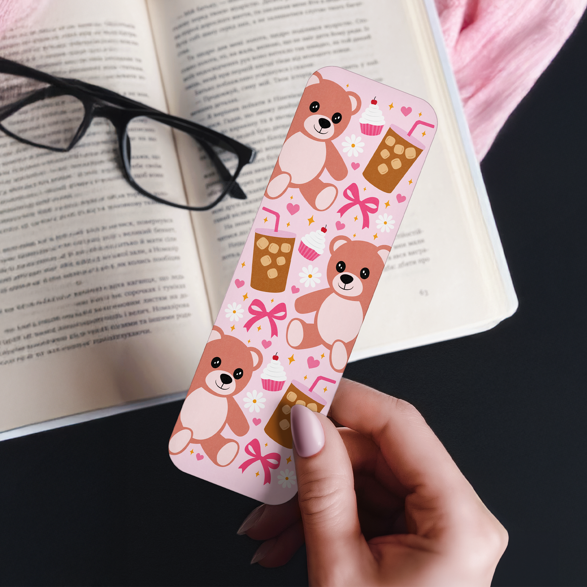 Cute Iced Coffee Bear Bow Bookmark.png