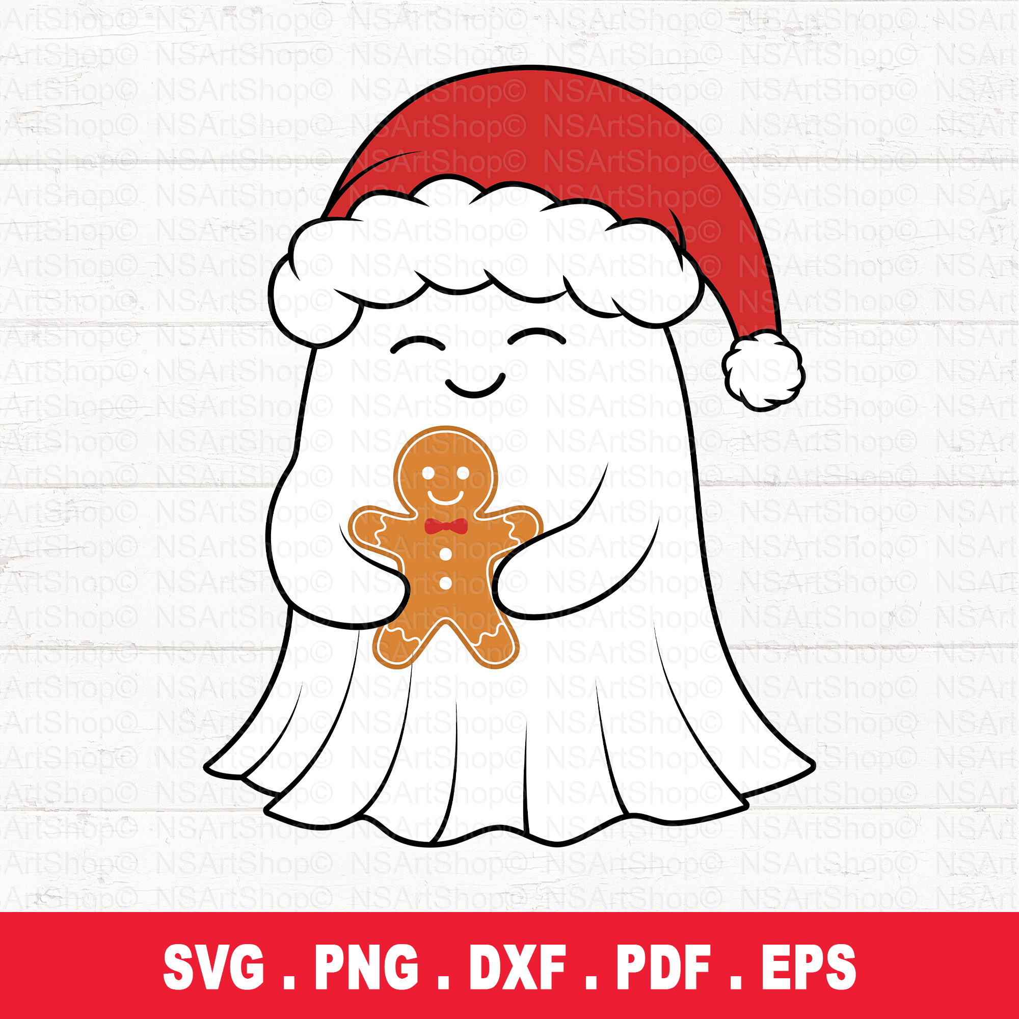 Download this festive Christmas with a cute ghost holding a gingerbread man. Perfect for Cricut, Silhouette. Includes SVG, PNG, DXF, PDF, and EPS