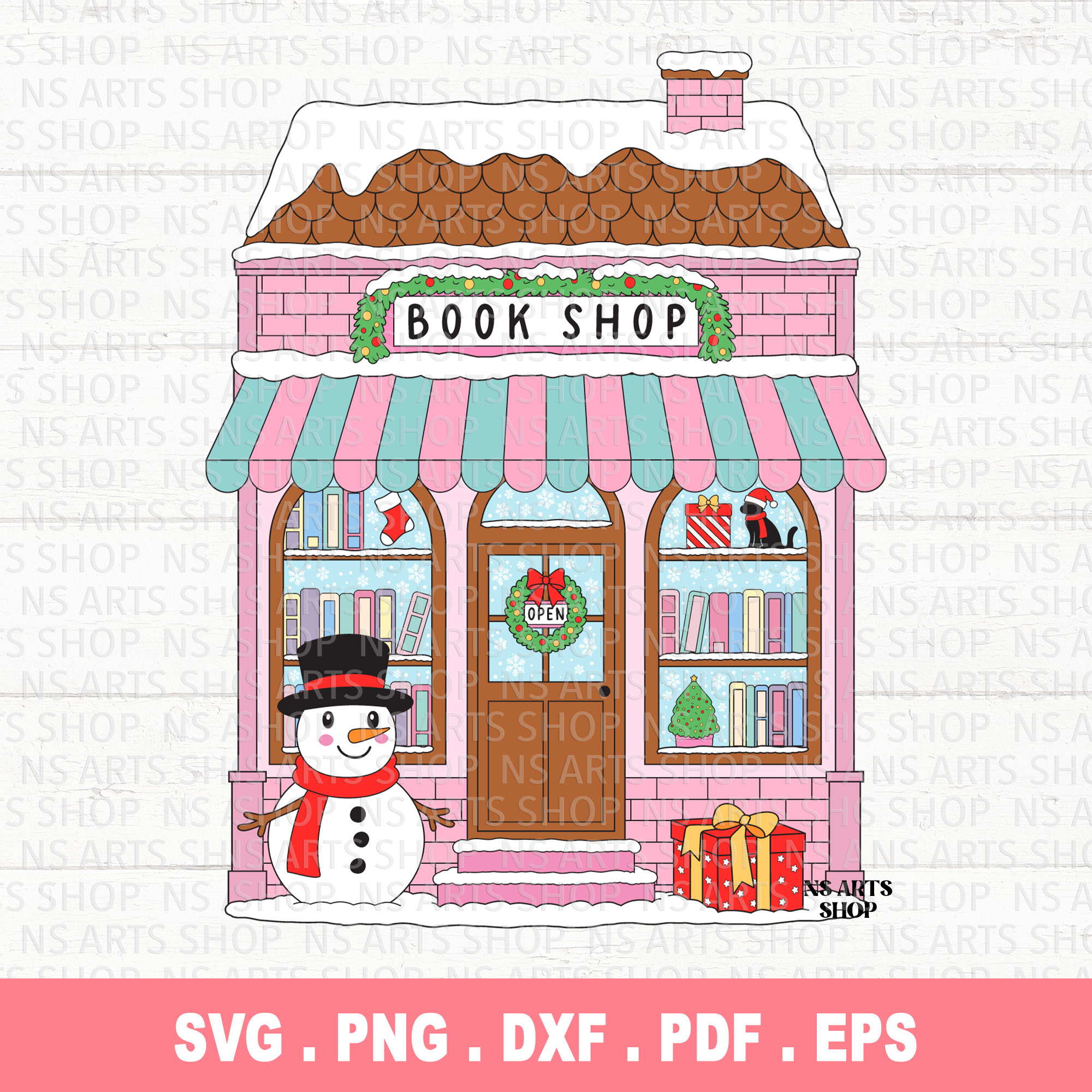 Christmas bookshop design. Pink design with cute snowman, books, and Christmas tree. Perfect for Cricut or Silhouette. Includes SVG, PNG, DXF, PDF, and EPS
