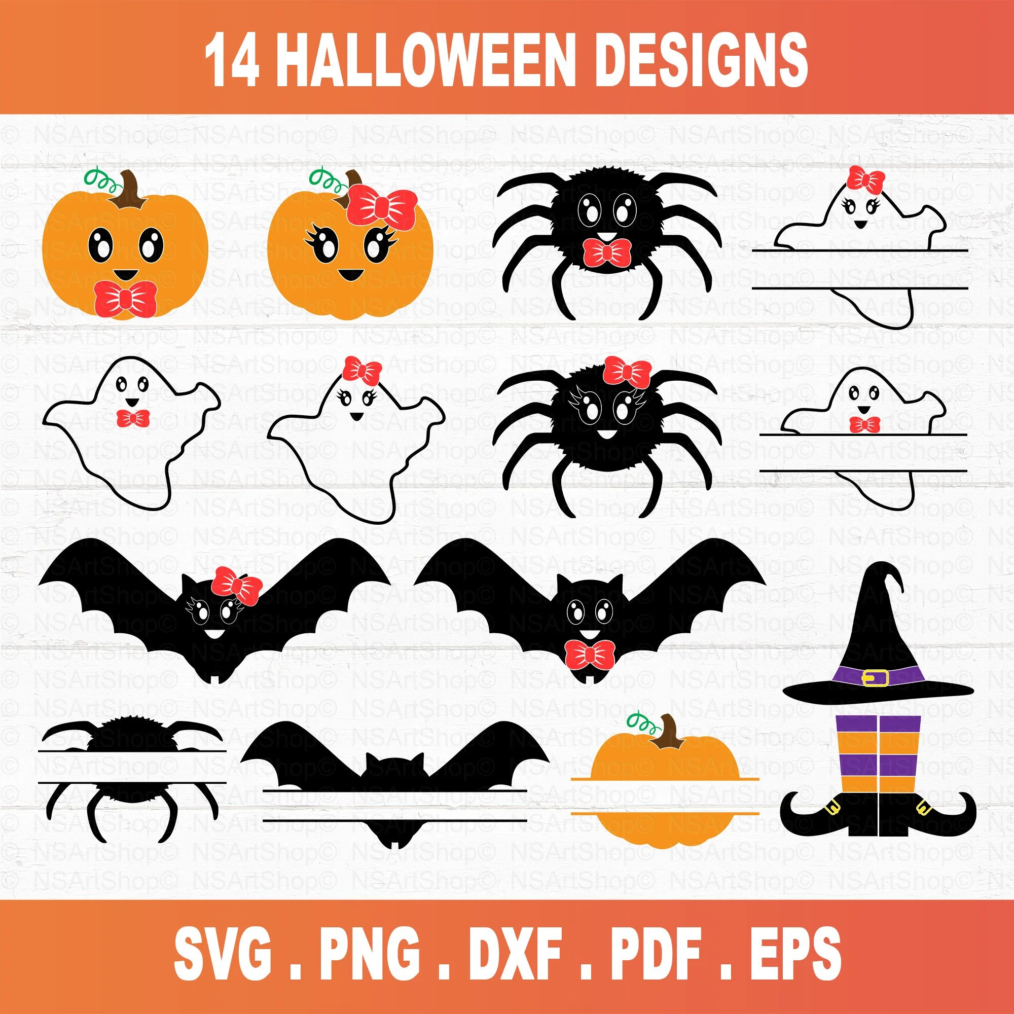 Cute Halloween SVG bundle with pumpkins, ghosts, bats, spiders, and witch hat – digital cut files for Cricut and Silhouette, perfect for Halloween crafts