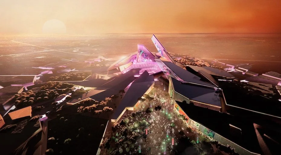 A futuristic architectural design of a large complex with angular structures, vibrant lighting, and a central walkway during sunset.