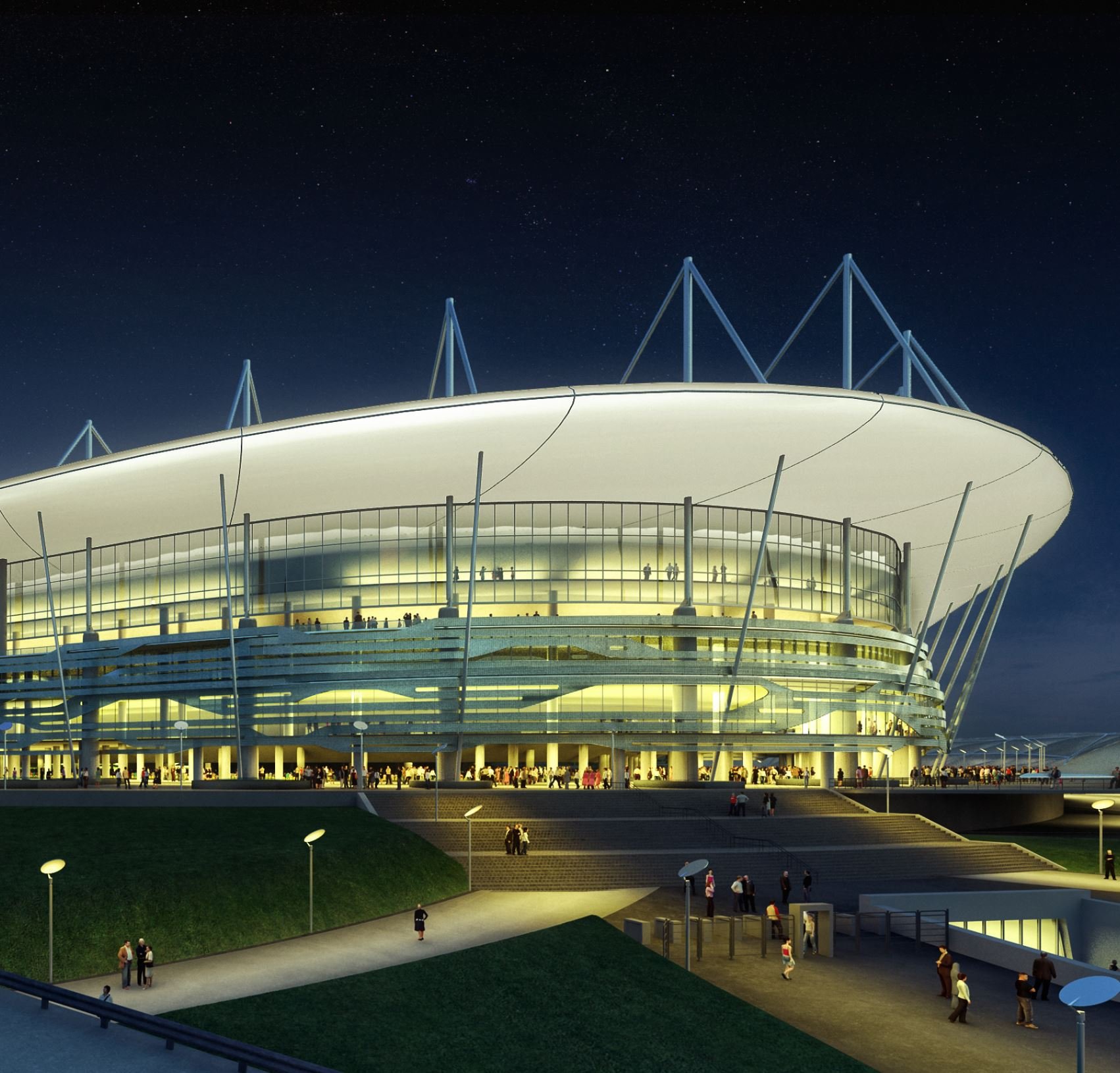 Exterior concept of Rostov-on-Don stadium with a tensile roof and illuminated concourse for FIFA 2018 World Cup, with Populous