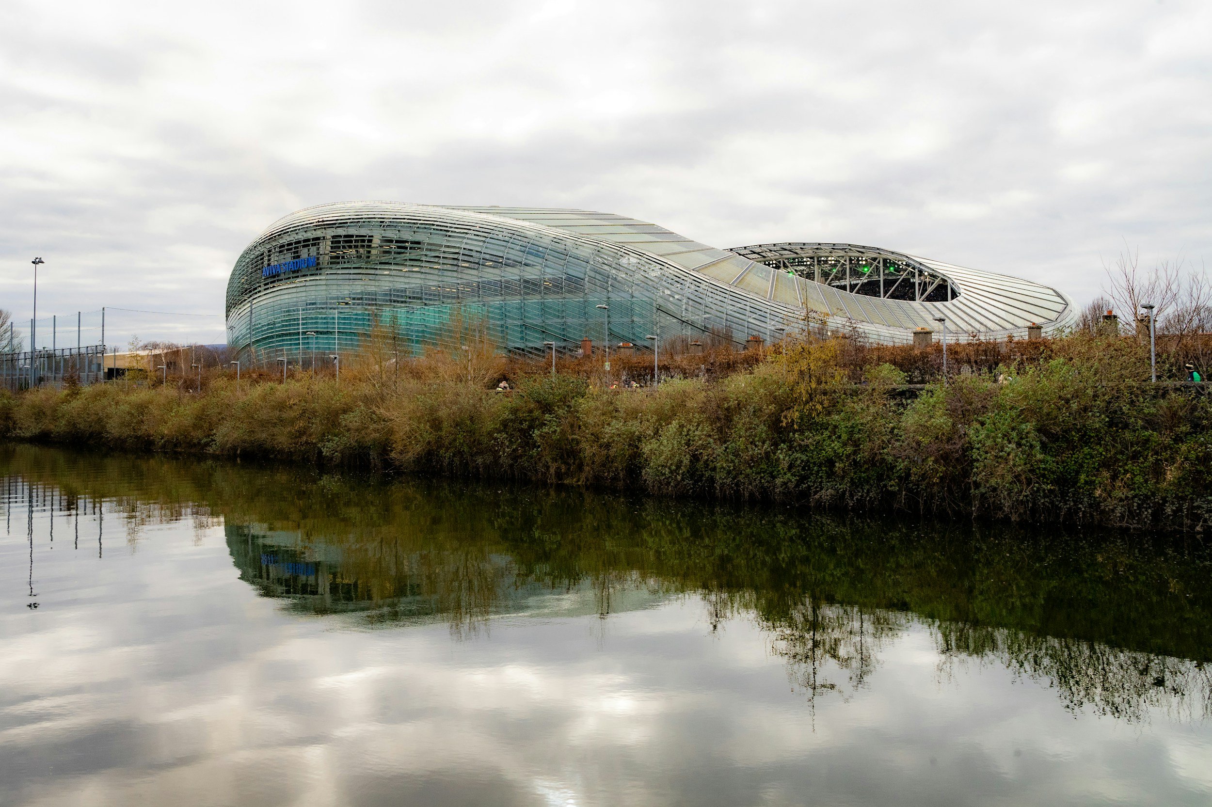 Aviva Stadium exterior beside the River Dodder in Dublin, with Populous