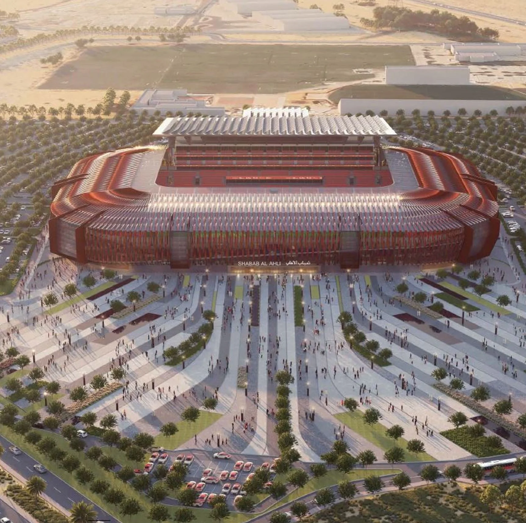 Aerial concept of Shabab Al Ahli Stadium and entrance plaza in Dubai, with P+T