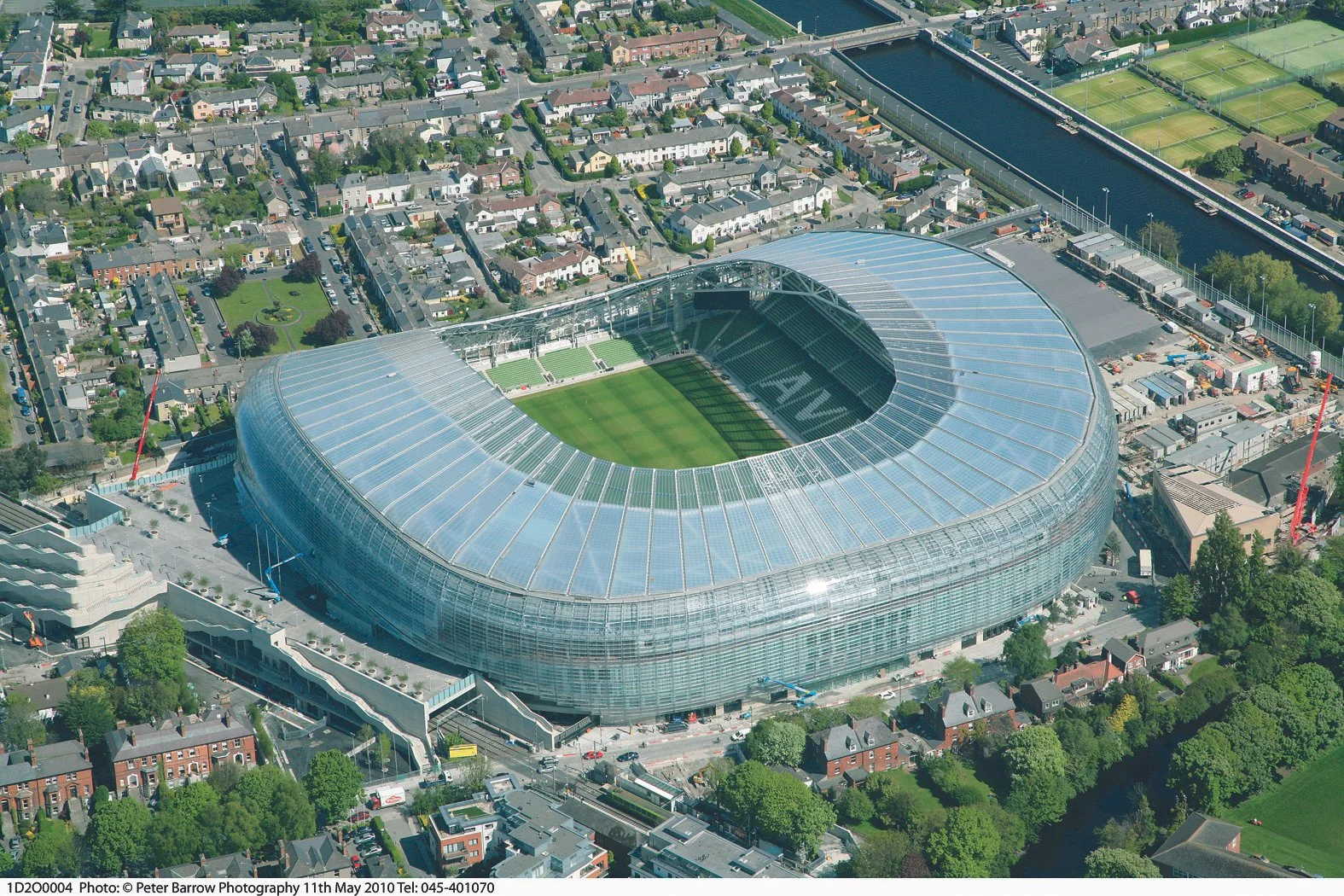Aerial view of Aviva Stadium and the surrounding Dublin neighbourhood, with Populous