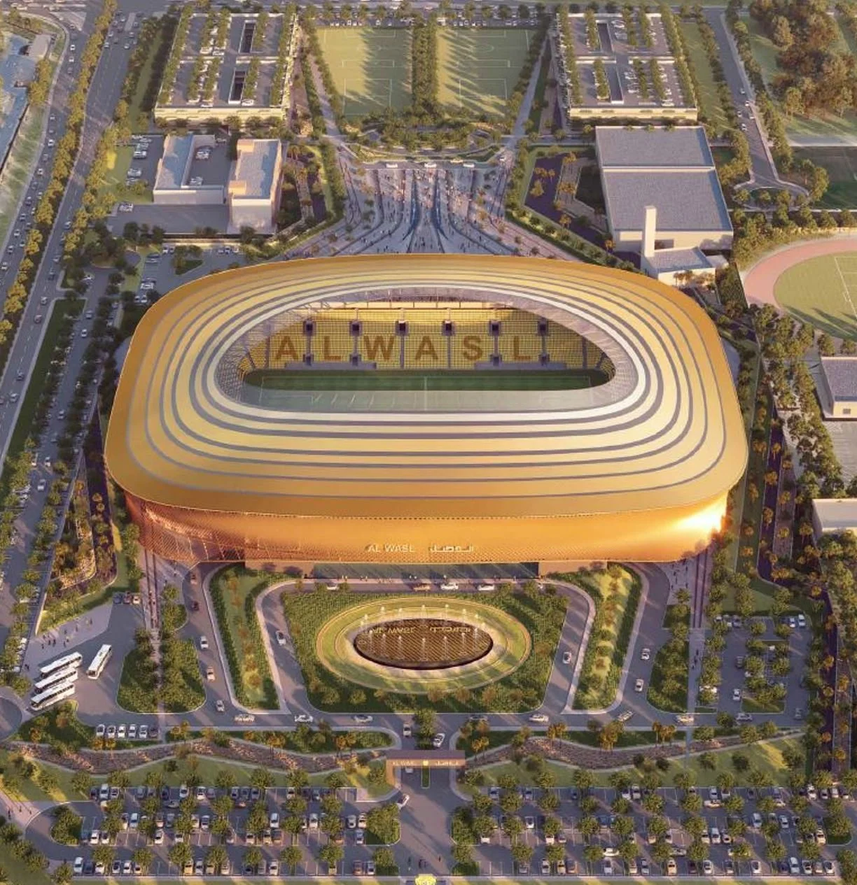 Aerial concept of Al Wasl Stadium and its landscaped public realm, with P+T
