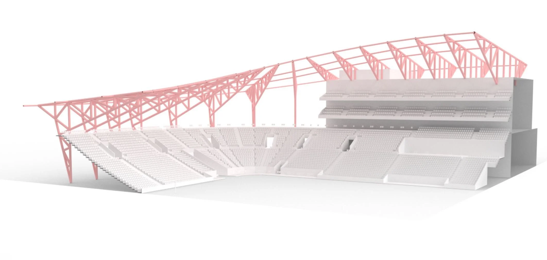 Structural stadium section model showing seating tiers and roof framing