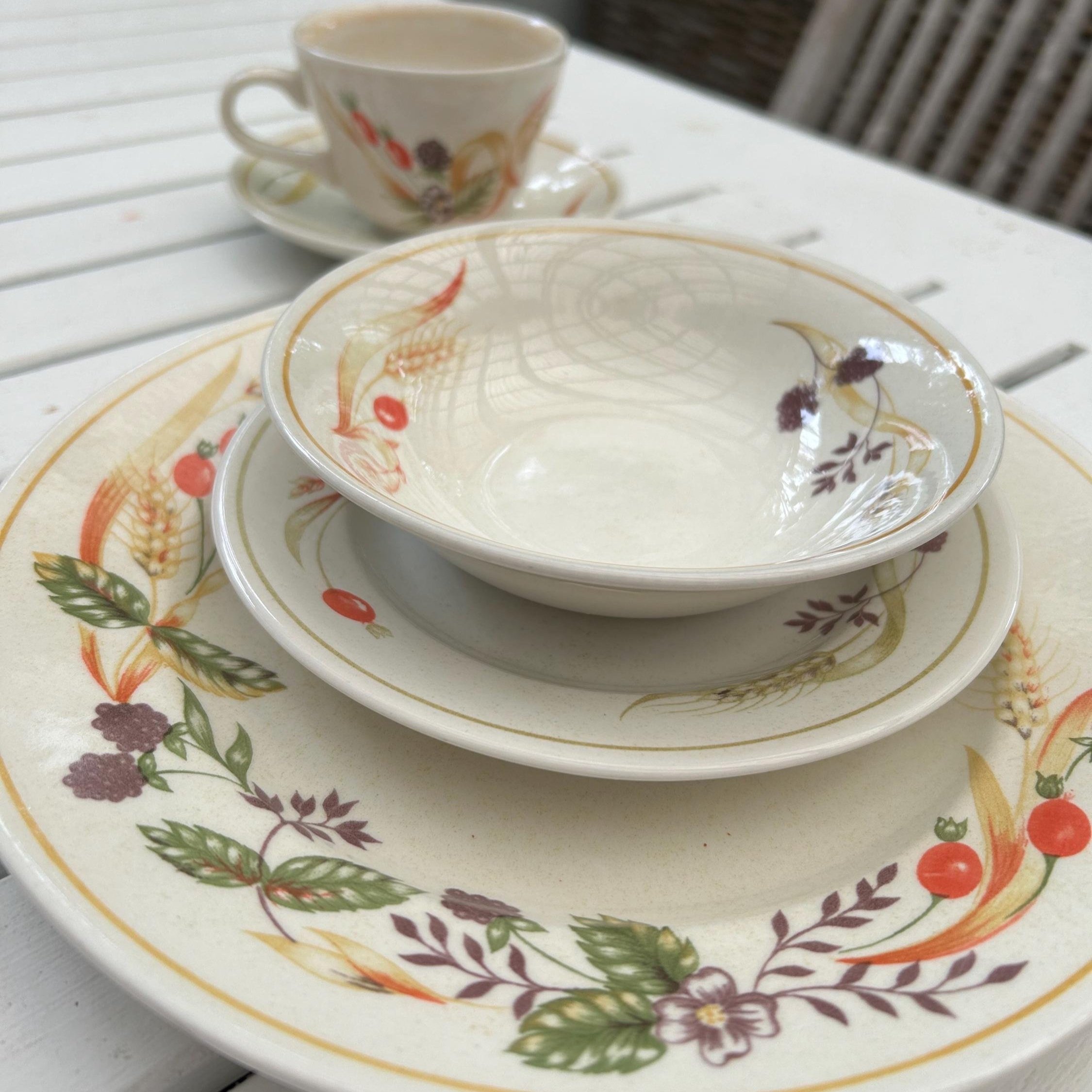 Place setting showing Churchill Bramble Fayre dinner plate, bowl, and teacup with rustic harvest design