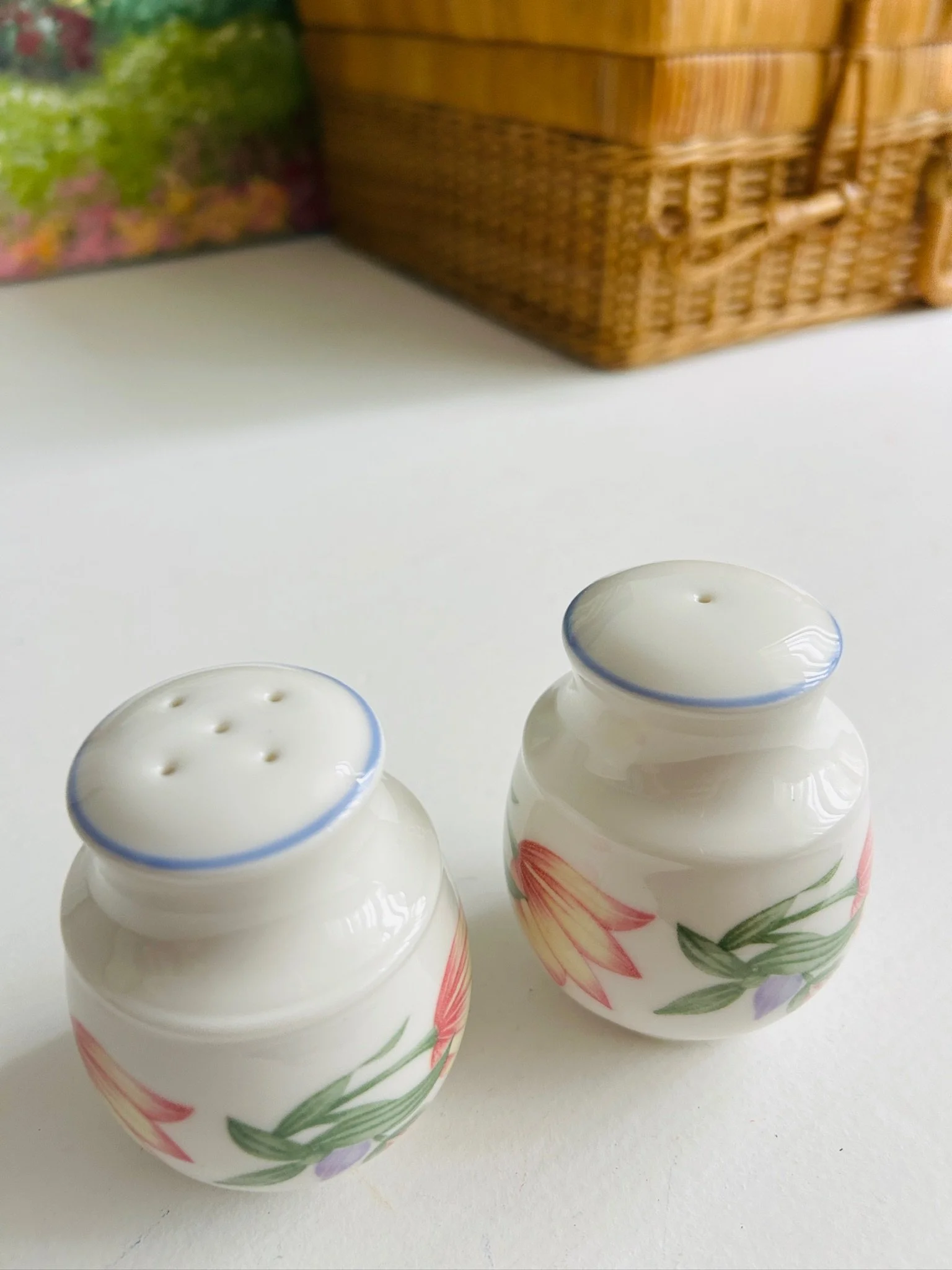 Overhead angled view of both shakers, showing the top holes and blue rim edging