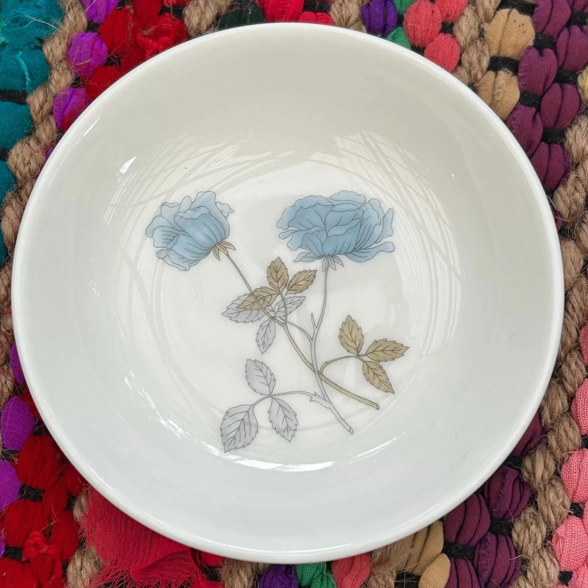 Vintage Wedgwood Ice Rose trinket dish viewed from above, showing the blue rose floral design inside