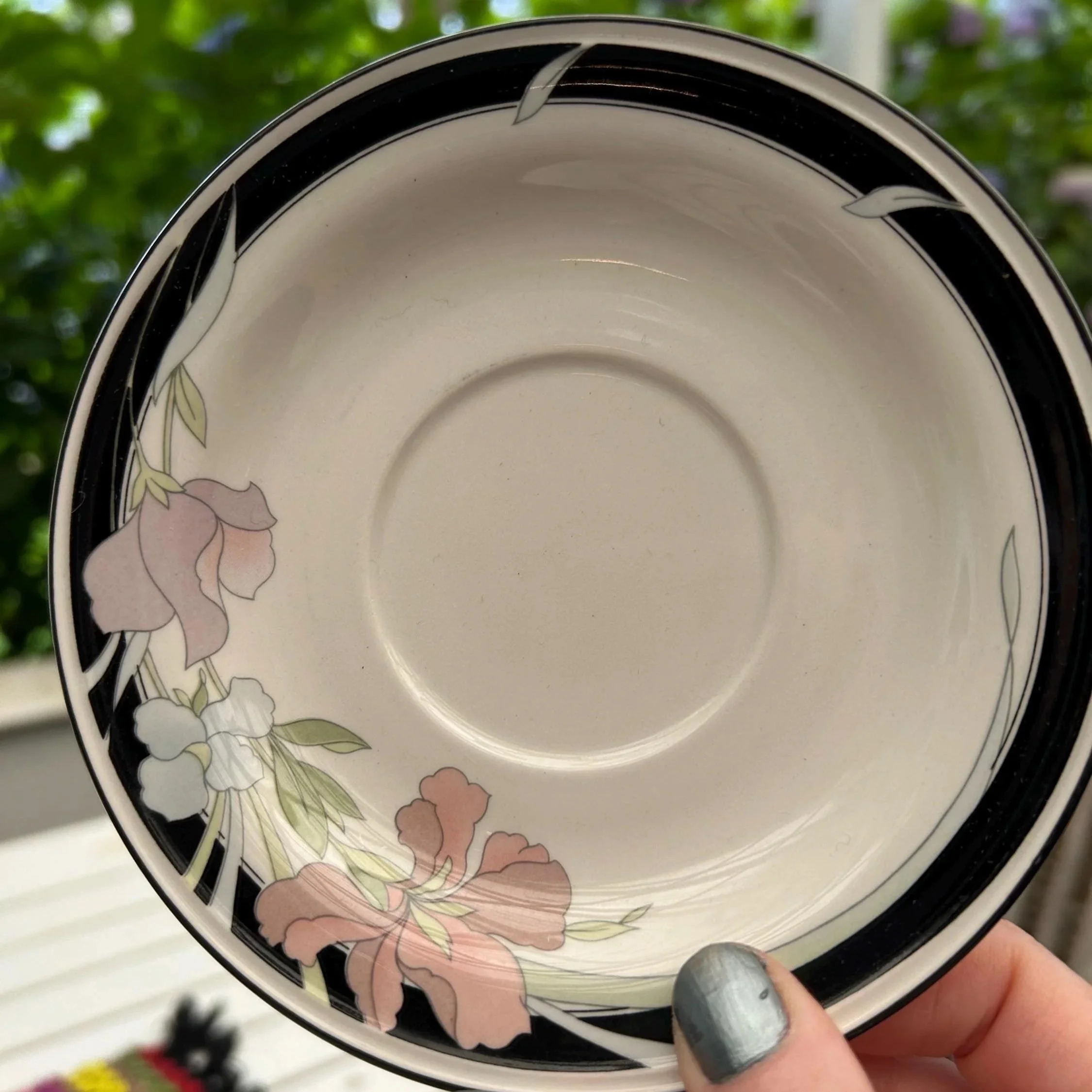 Top-down view of a single saucer highlighting design placement