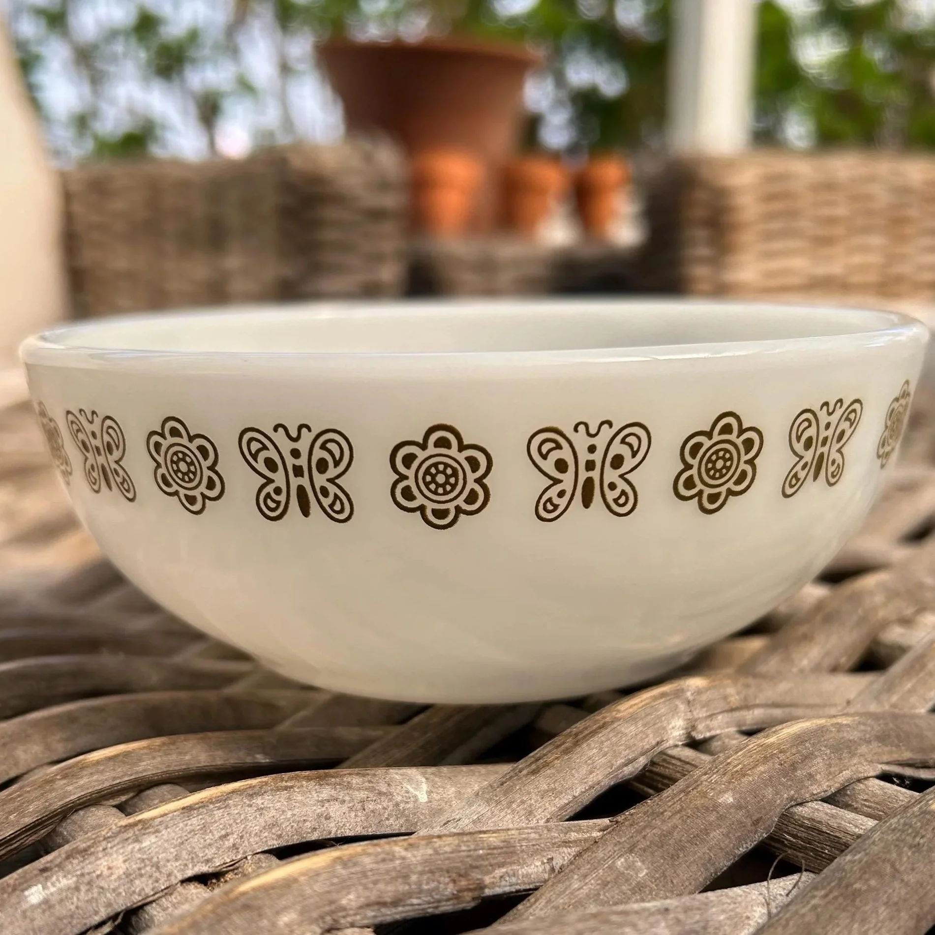 Fire-King Cereal Bowl | Anchor Hocking #935 | White Milk Glass with Khaki Floral Butterfly Design | Vintage USA 1960s