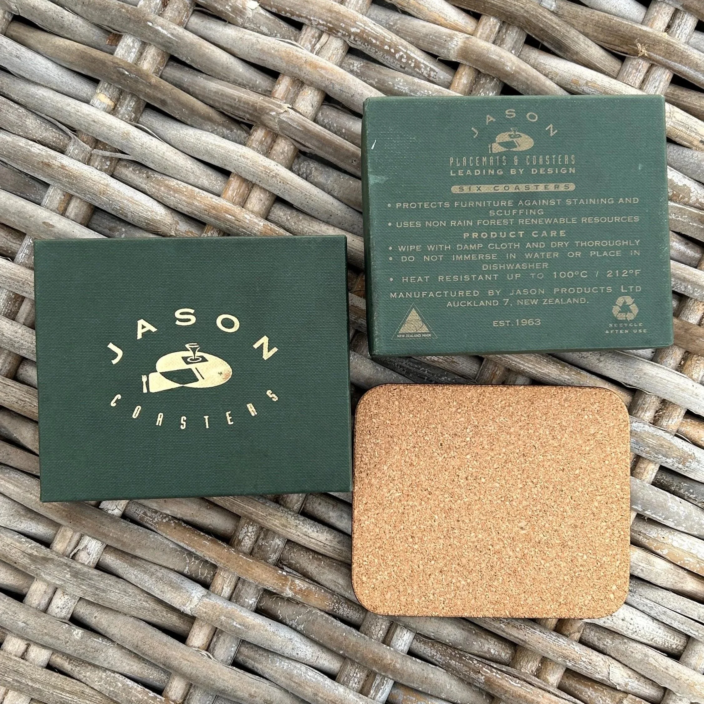 Original Jason packaging, green box with care instructions and cork backing visible
