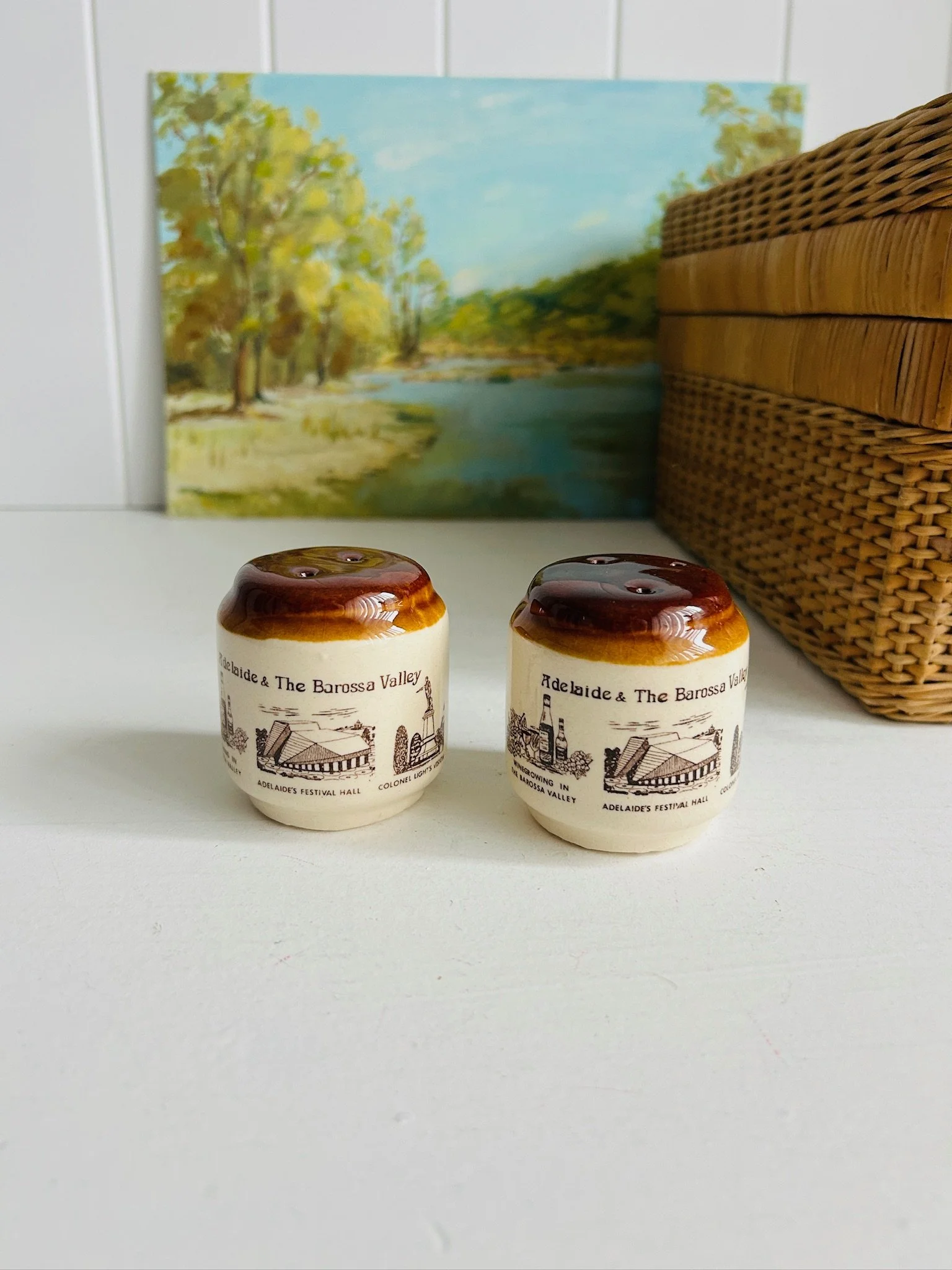 Full set of two stoneware shakers displayed together on a white shelf, showing matching shapes and coordinated souvenir graphics.