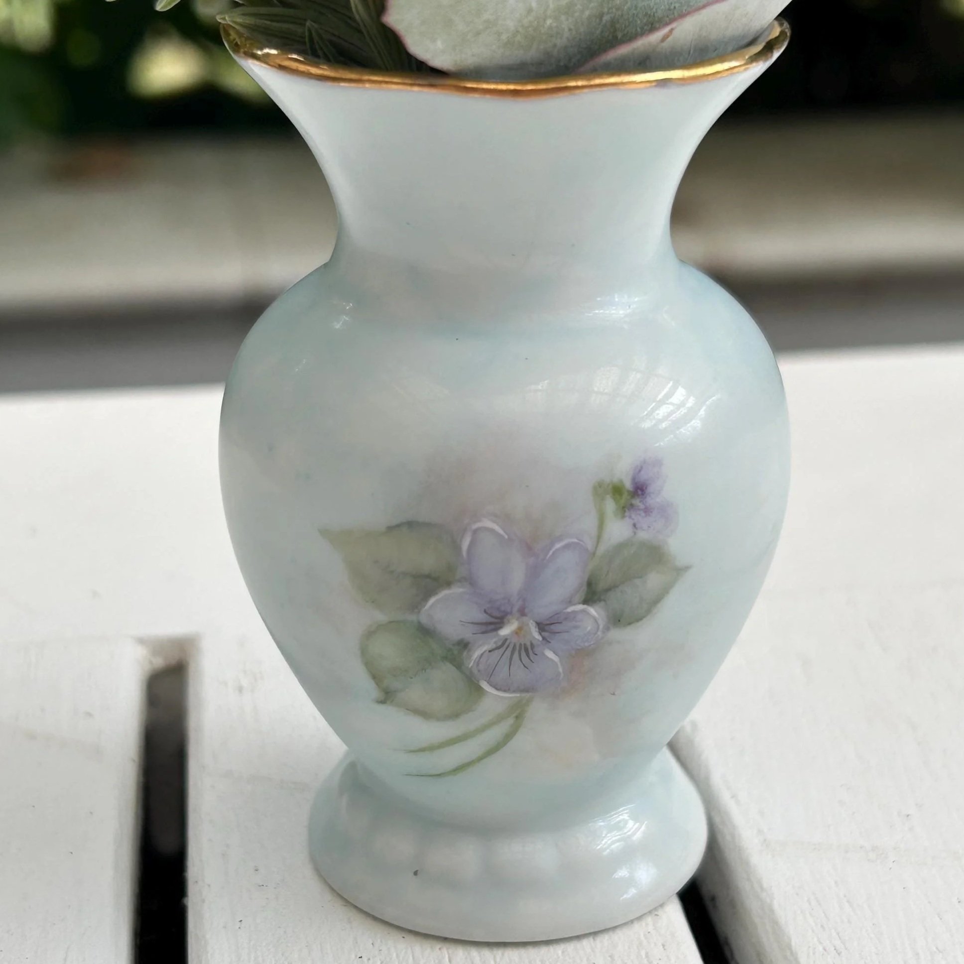 Hand-Painted Porcelain Mini Vase | 1988 Signed | Delicate Purple Florals & Gold Rim