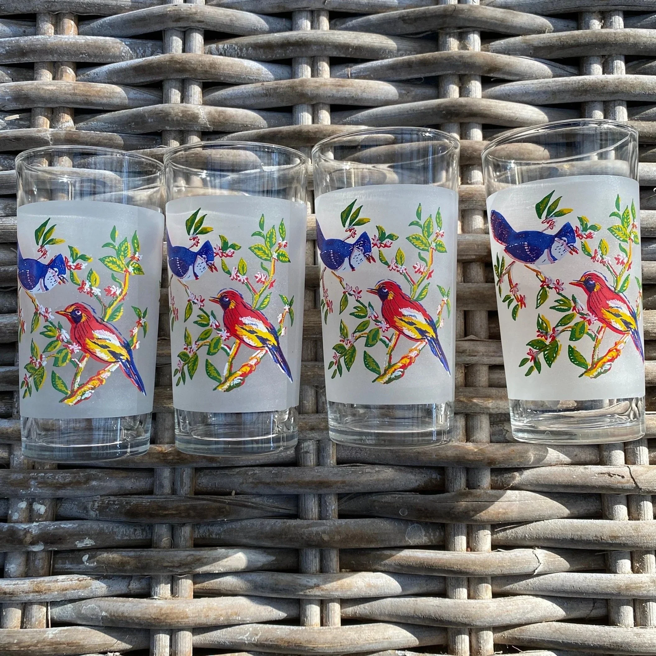 Close-up of four tumblers in a row showcasing different bird poses