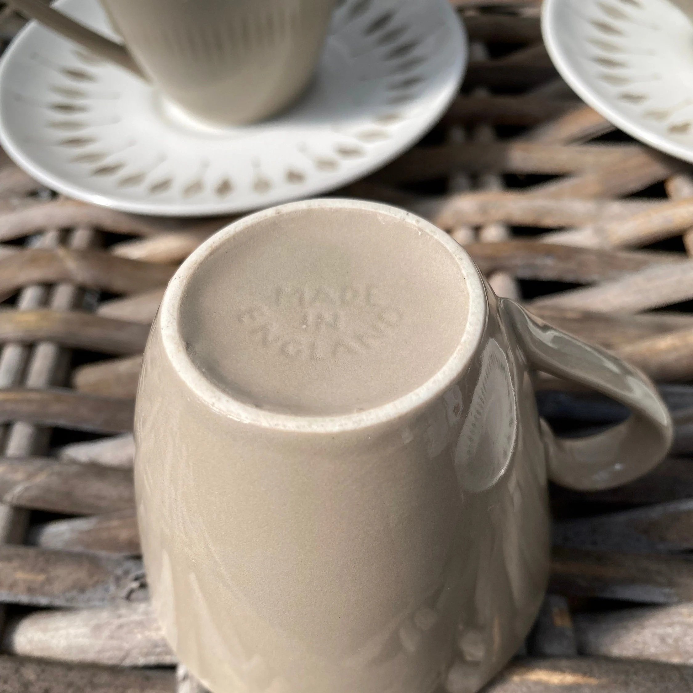 Bottom of cup with embossed “Made in England” stamp