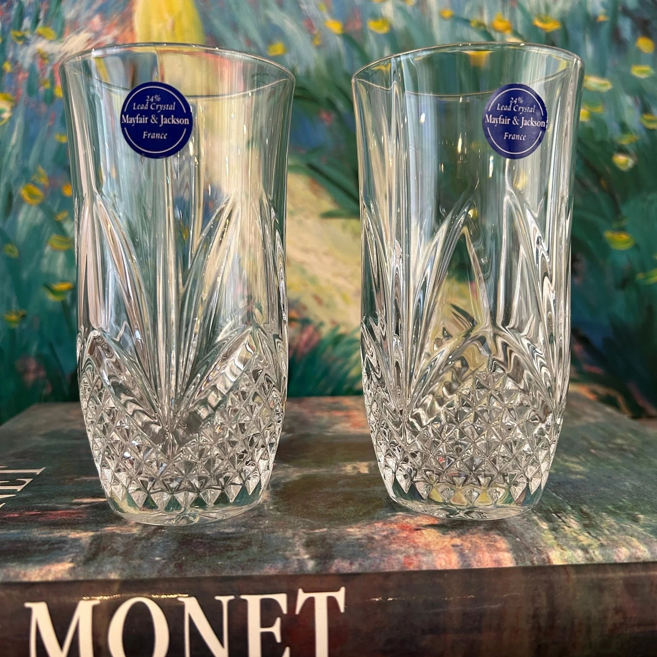 Pair of Mayfair & Jackson highball tumblers with stickers intact, shown side by side