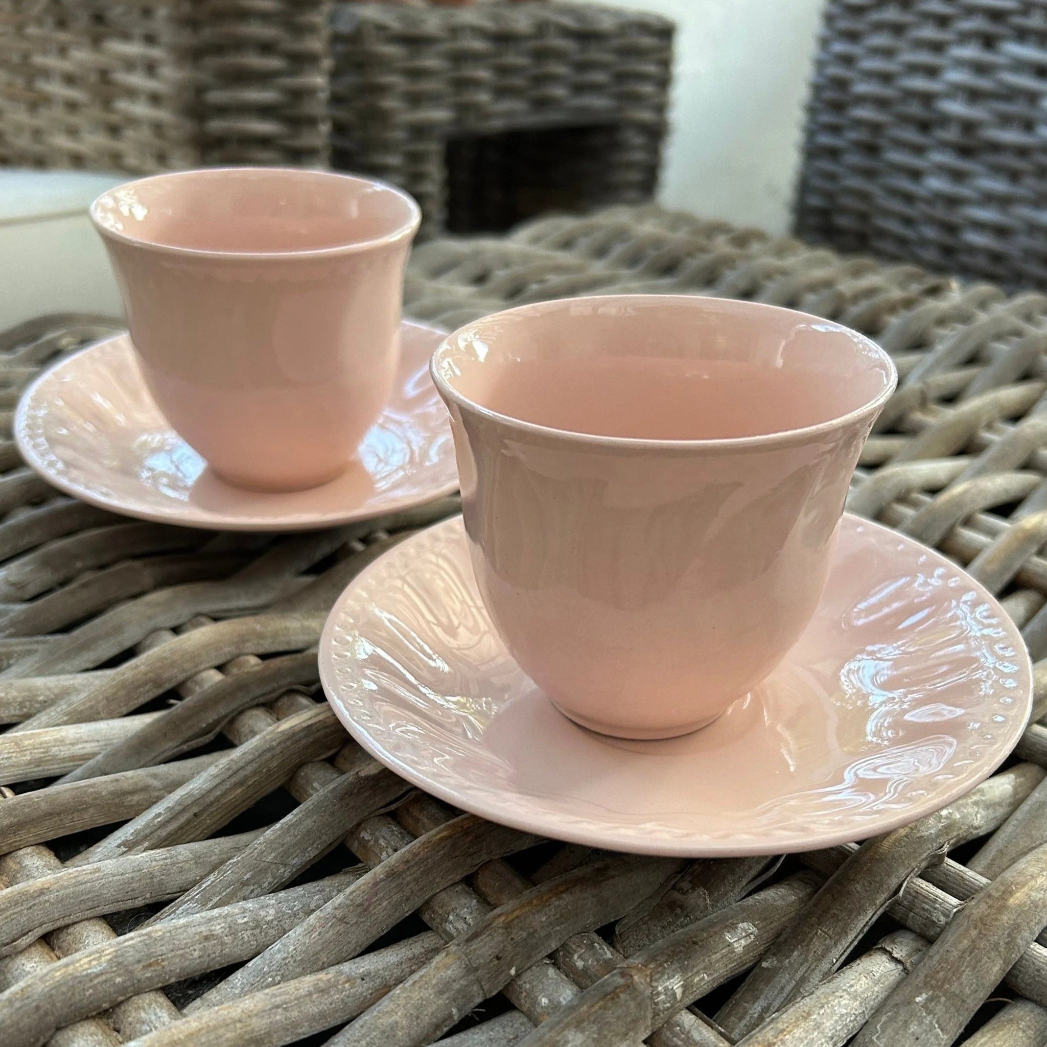Pastel Pink Tea Cup & Saucer Duos | Set of 2 | Vintage 1950s | Made in England | Rose Petal Ironstone with Swirled Embossing