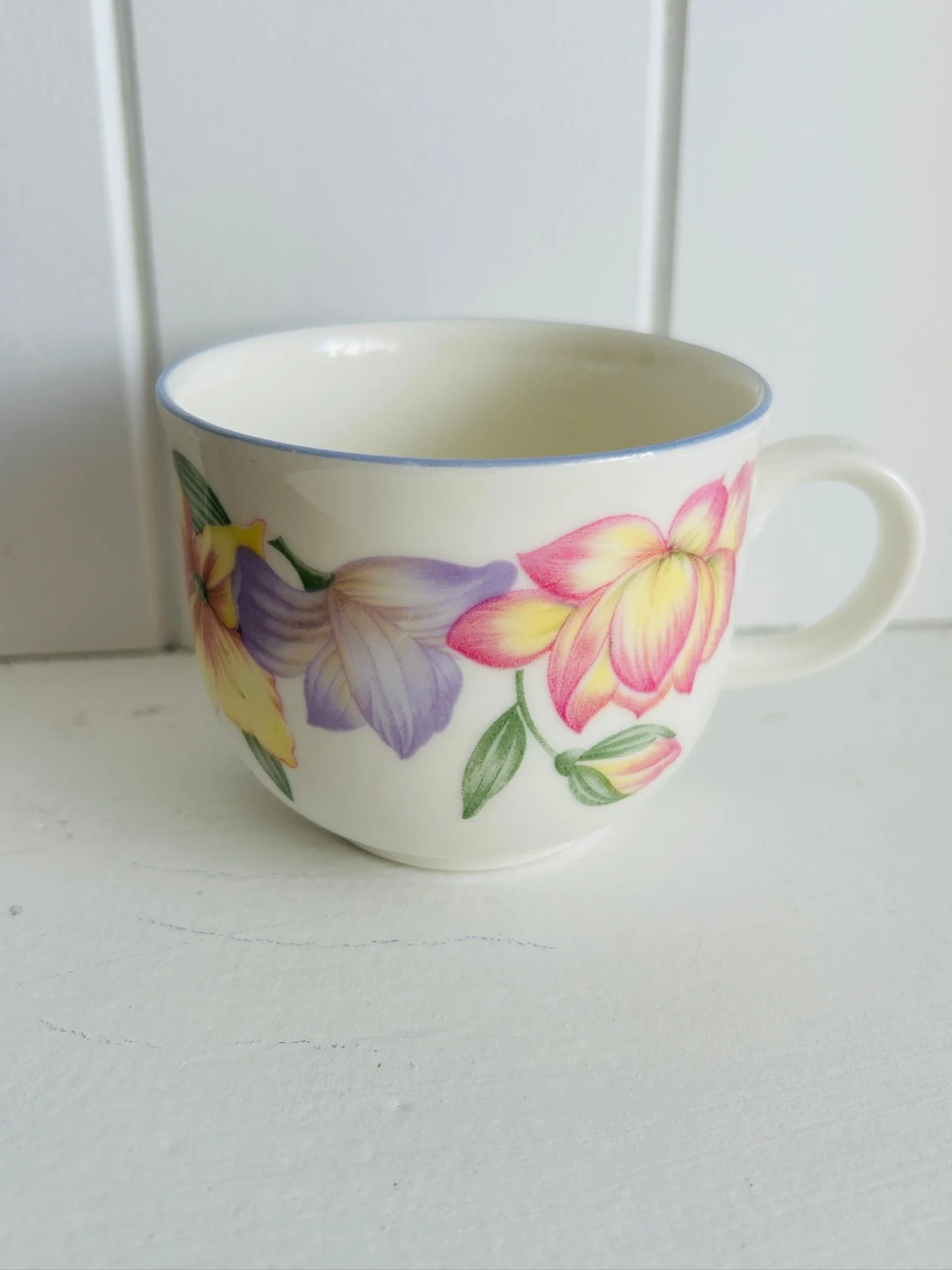 Single Royal Doulton Expressions Blooms teacup shown side-on, highlighting the curved handle, pastel floral design, and fine blue rim