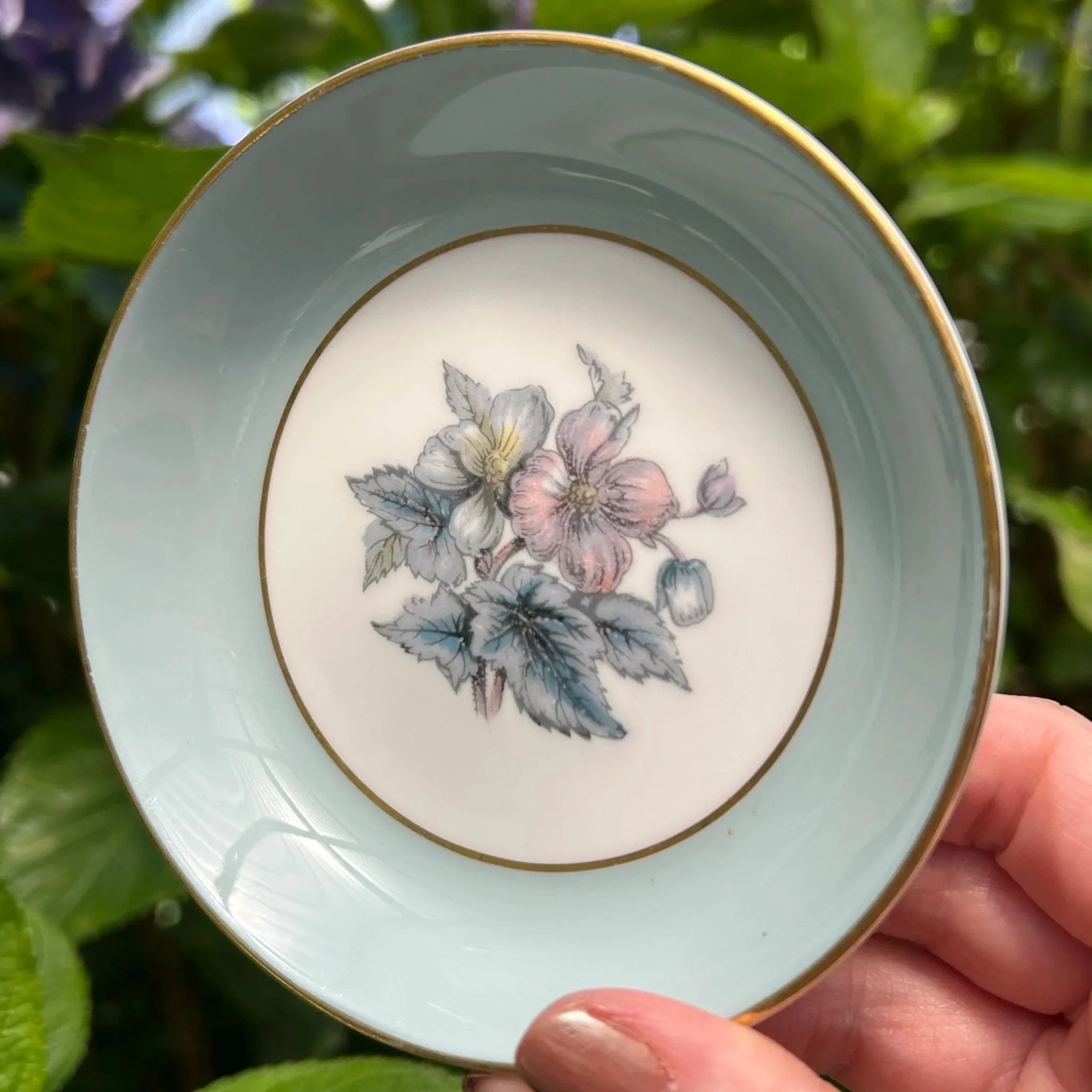 Vintage Royal Worcester dishes in Woodland floral pattern with rare blue band and gold trim. Fine English bone china, set of 2. Ideal for trinkets or display.