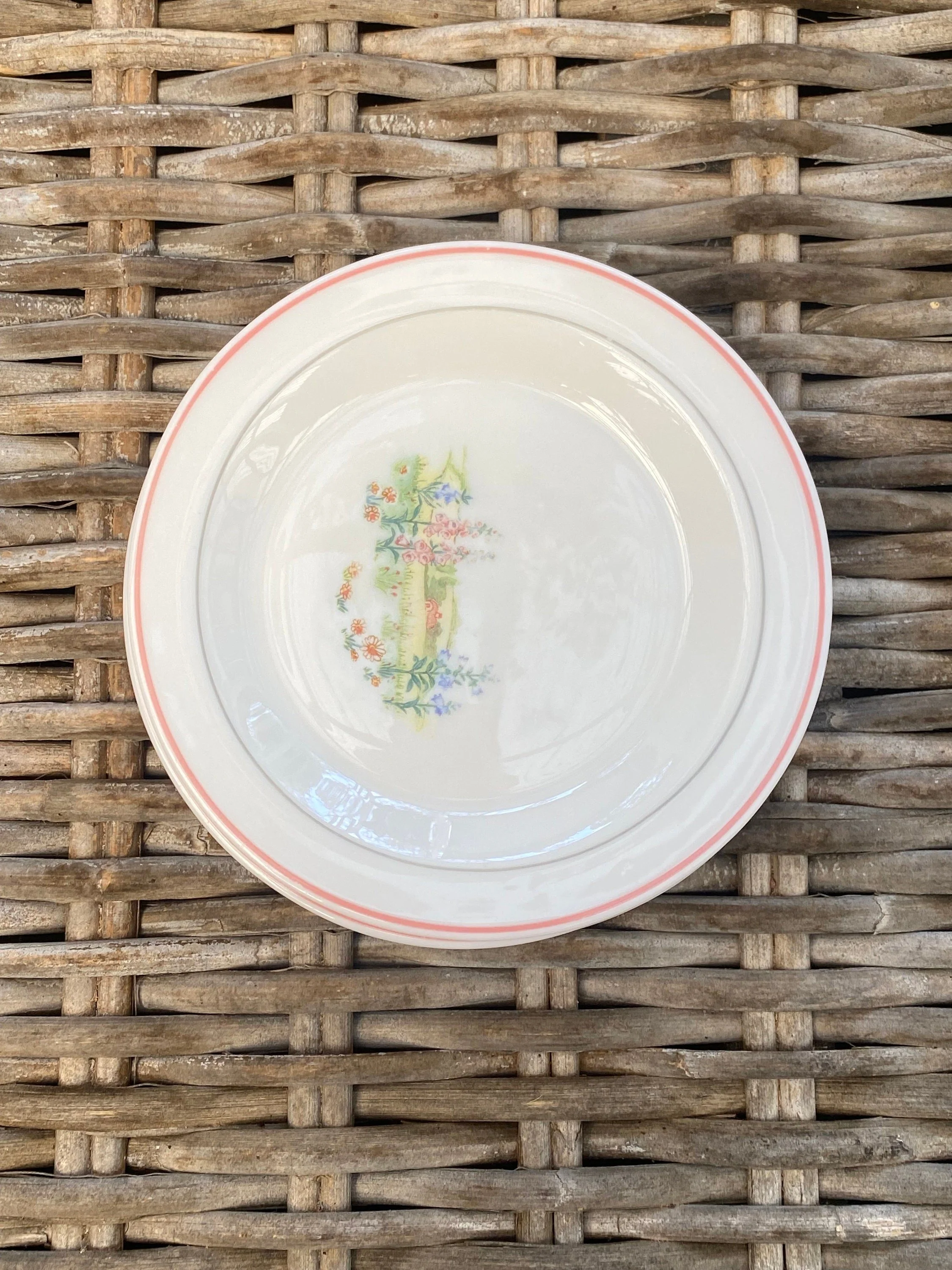 Vintage 1970s Arcopal France side & dinner plates with a charming bucolic landscape motif. Durable, pastel pink-trimmed white opal glassware, available in sets.