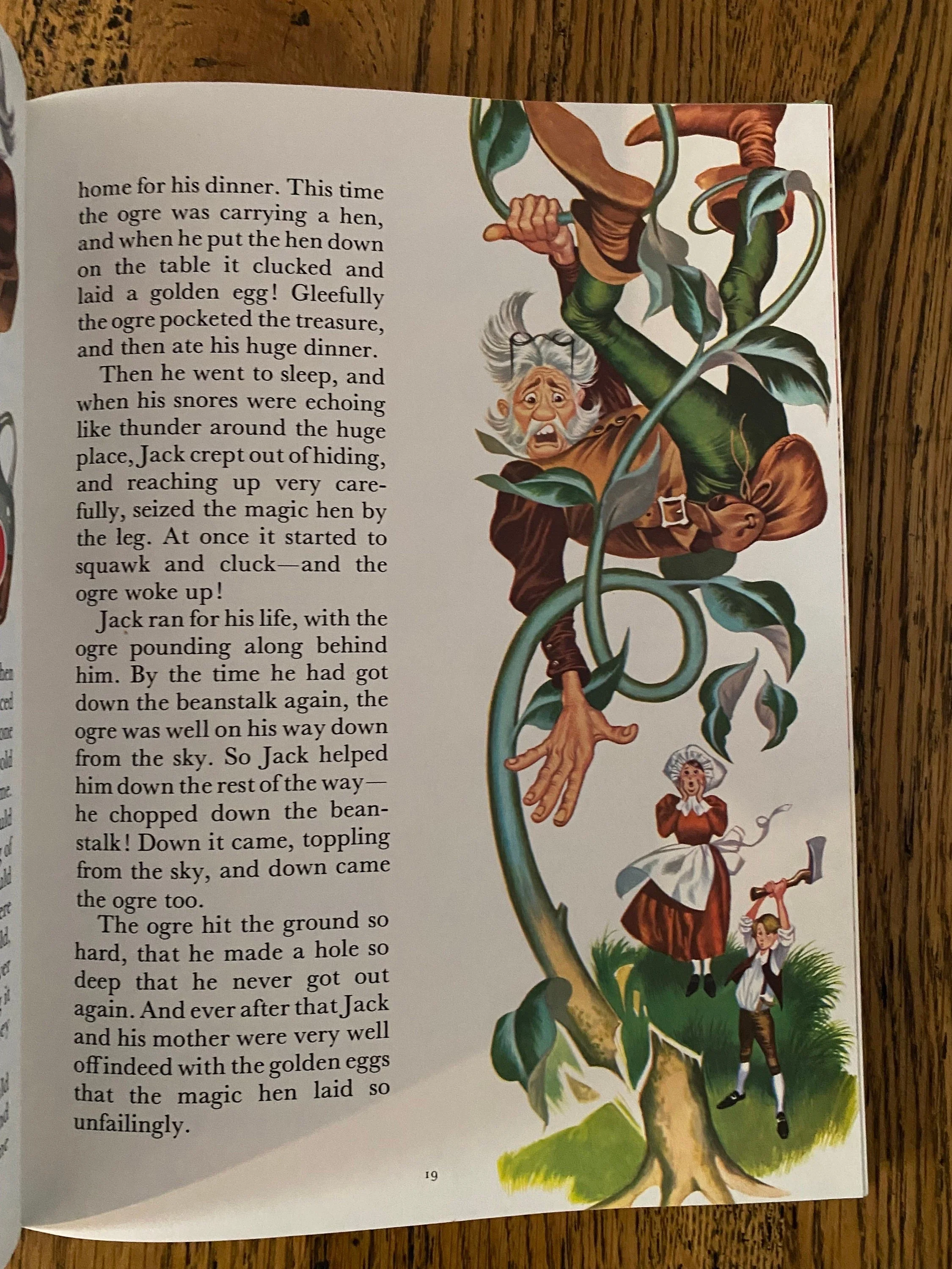 Inside page with Jack climbing the beanstalk and expressive illustration