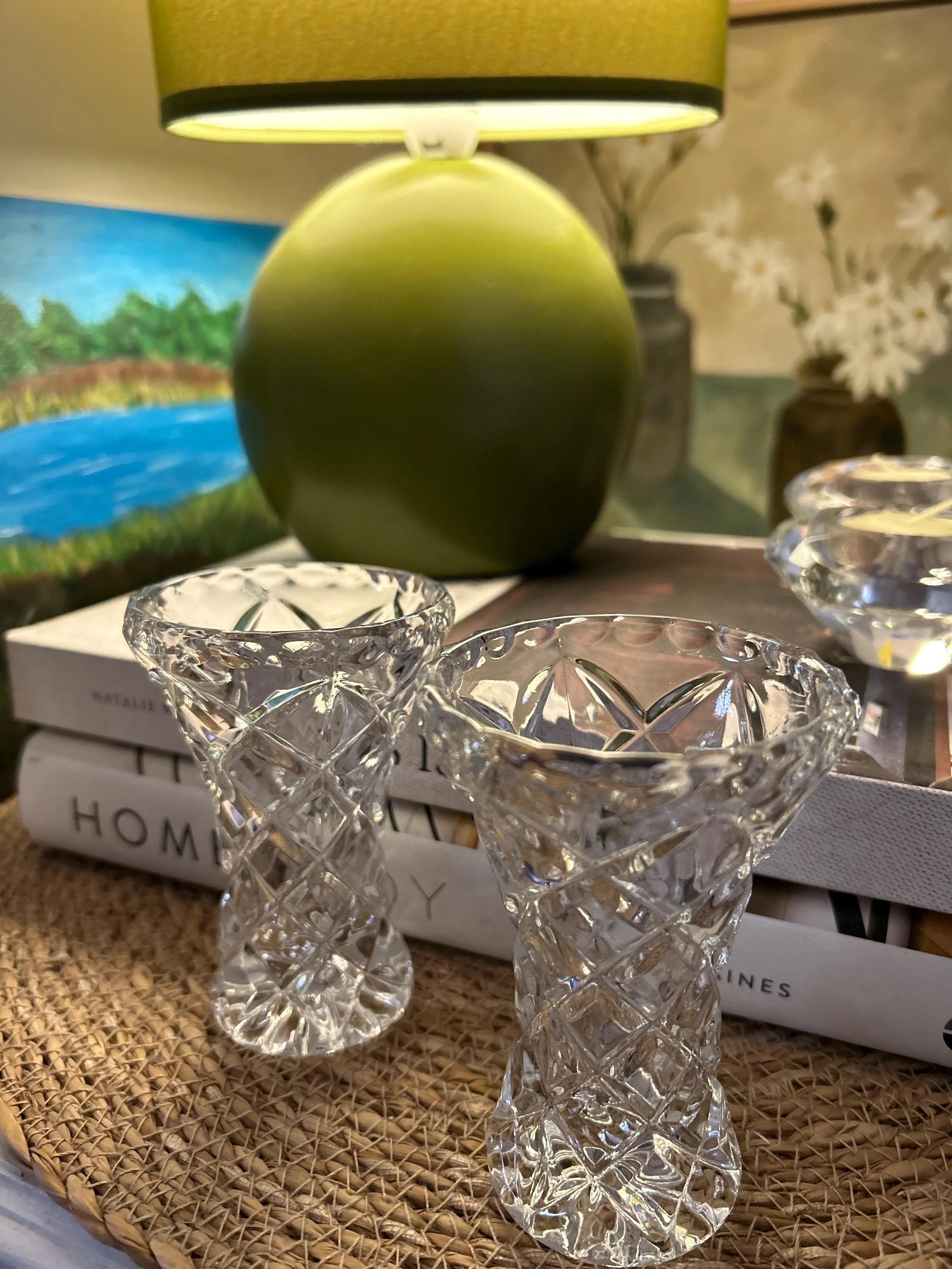 Two vintage Zajecar crystal posy vases displayed together, showing the diamond-cut pattern and flared shape