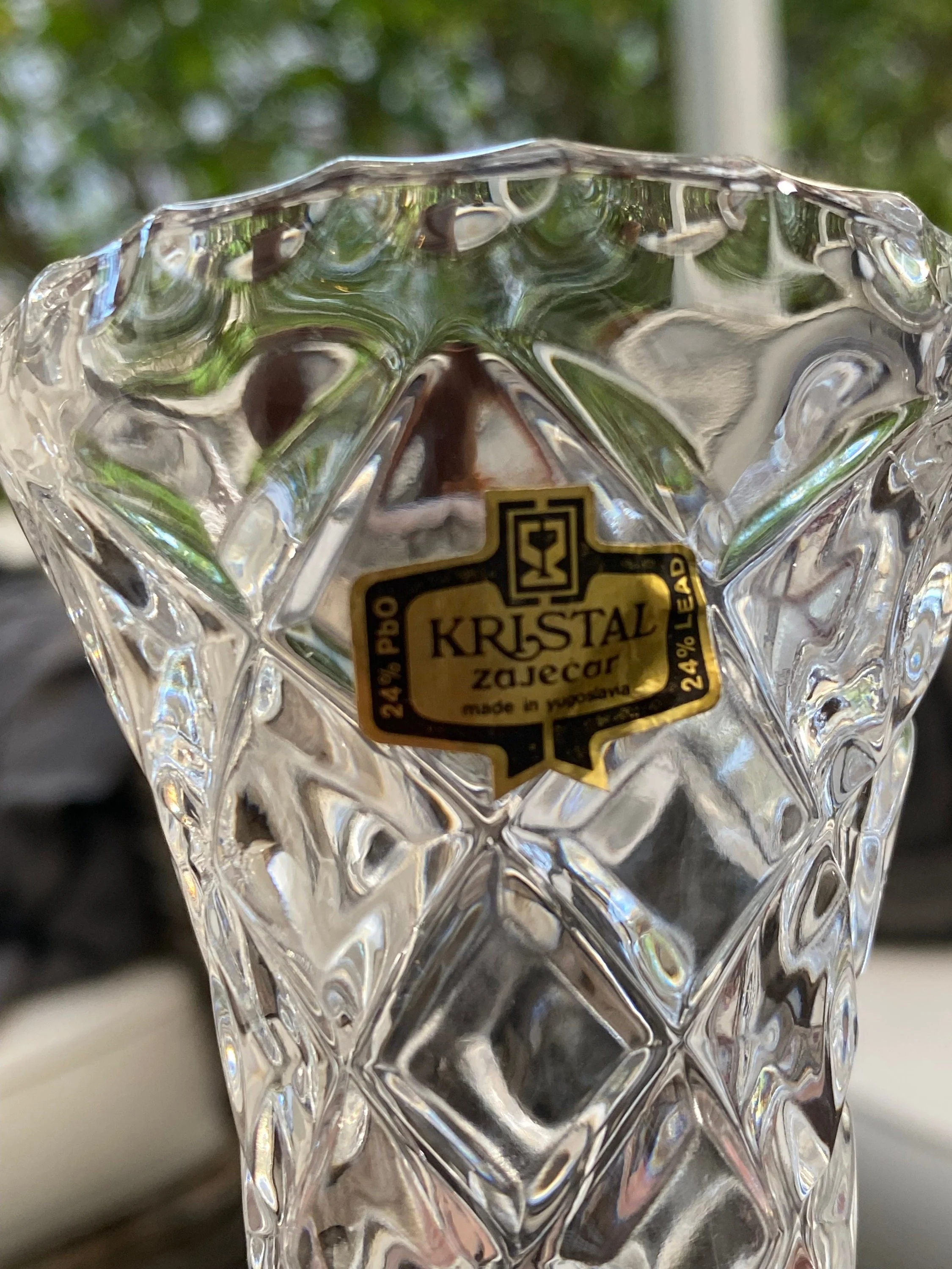 Close-up of the original Kristal Zajecar label on the side of the lead crystal vase