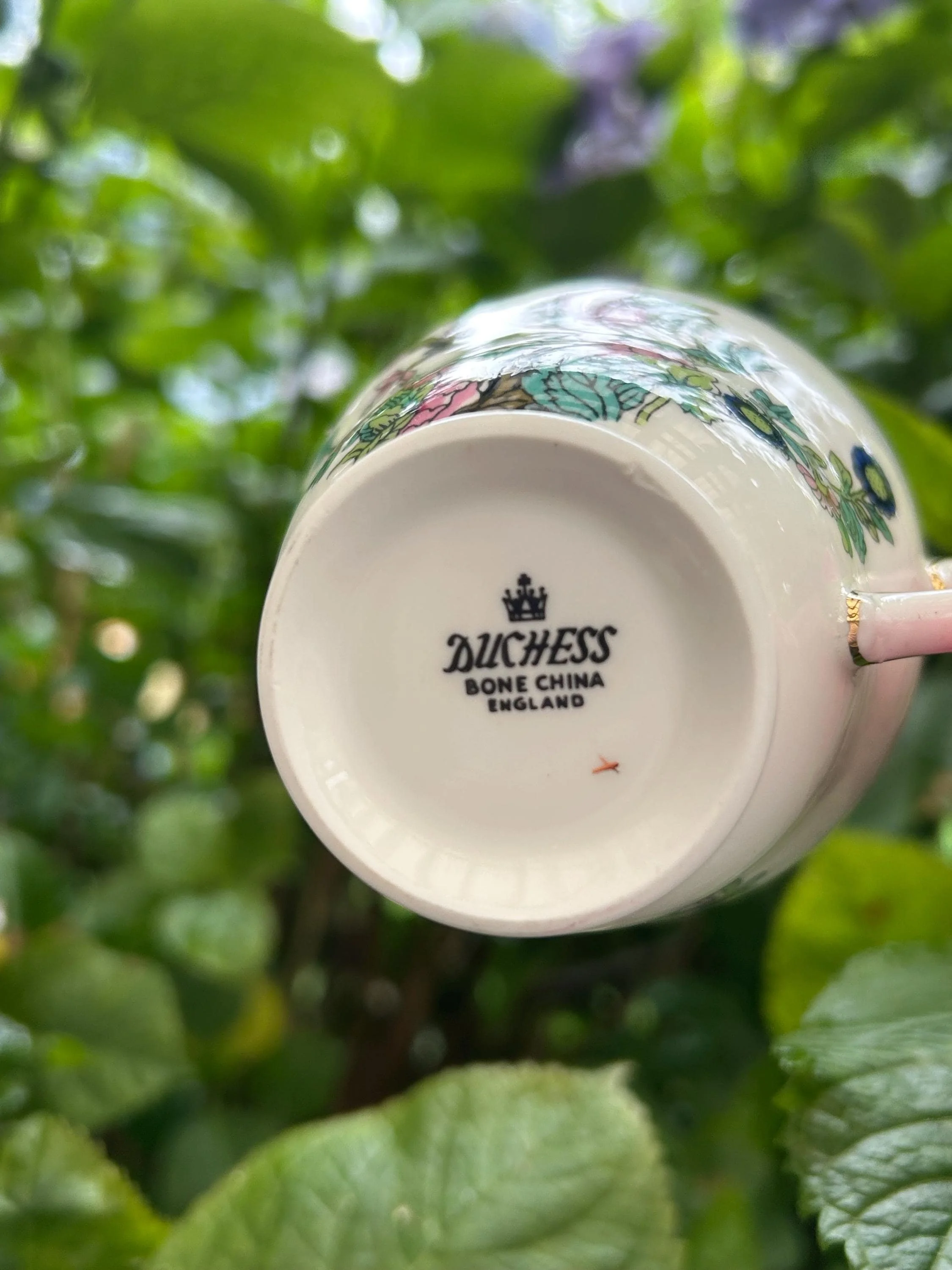 Bottom of teacup with clear “Duchess Bone China” marking