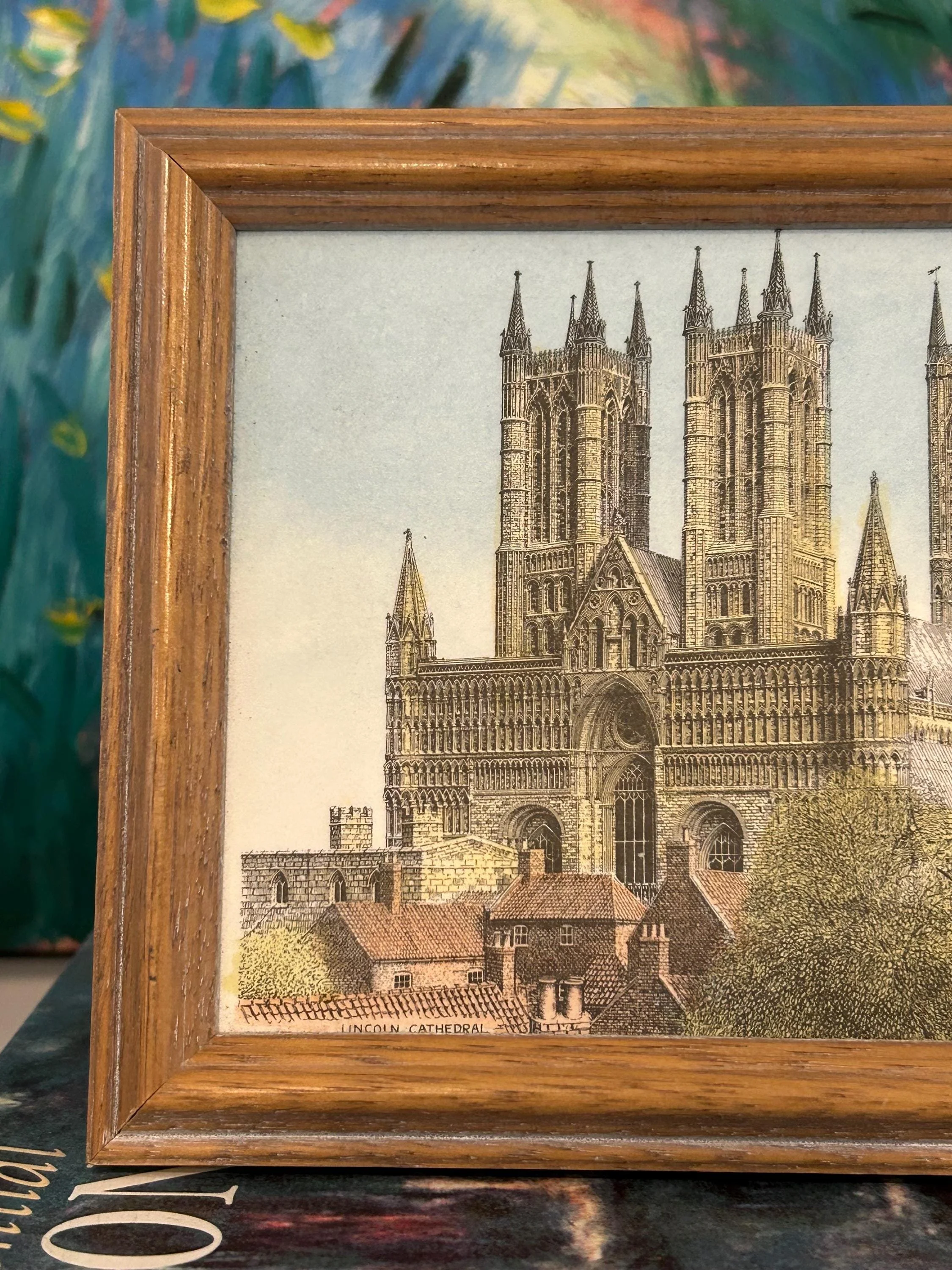 Close-up of upper towers and Gothic detail in artwork