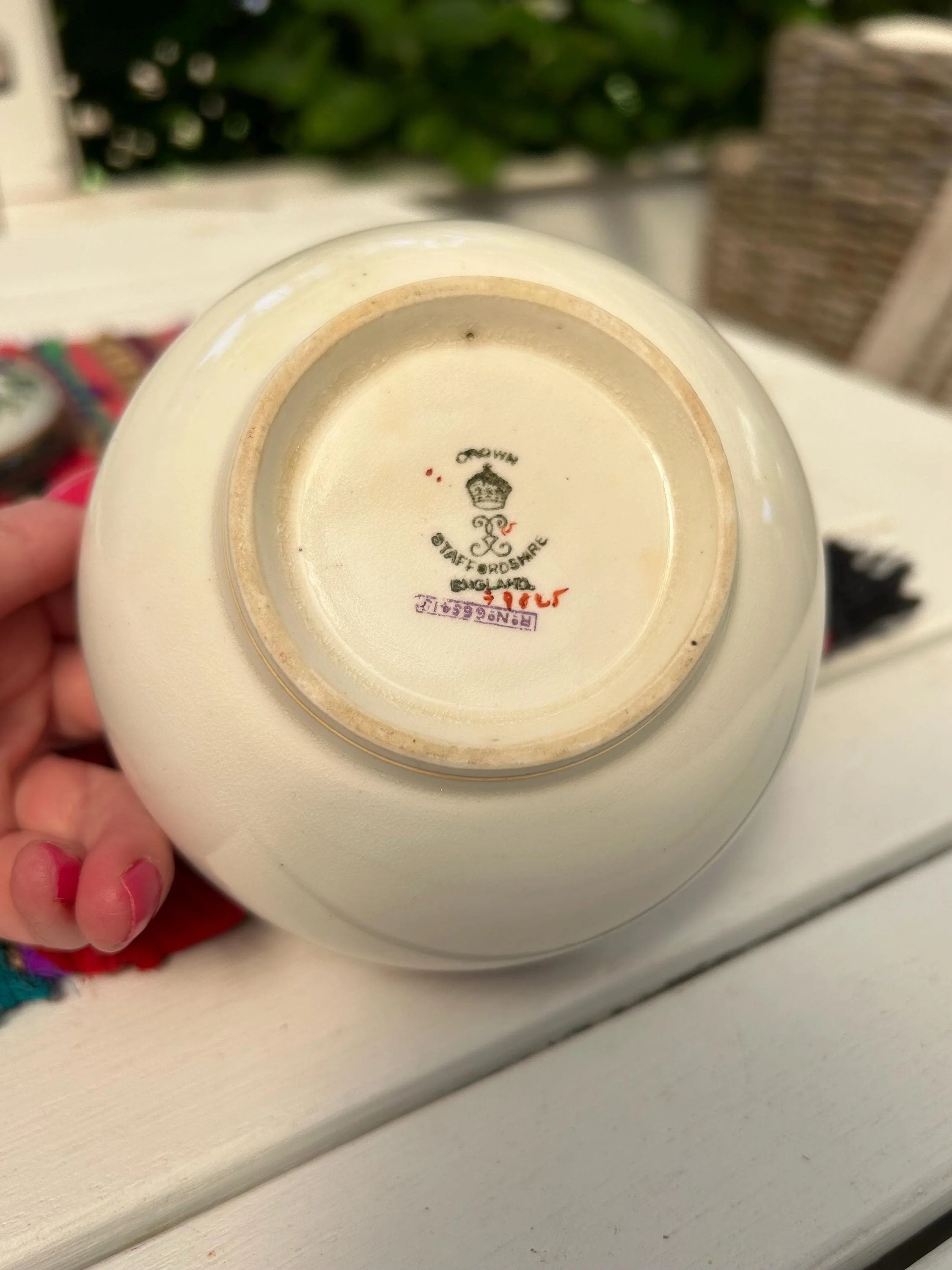 Underside of bowl showing Crown Staffordshire mark and pattern number
