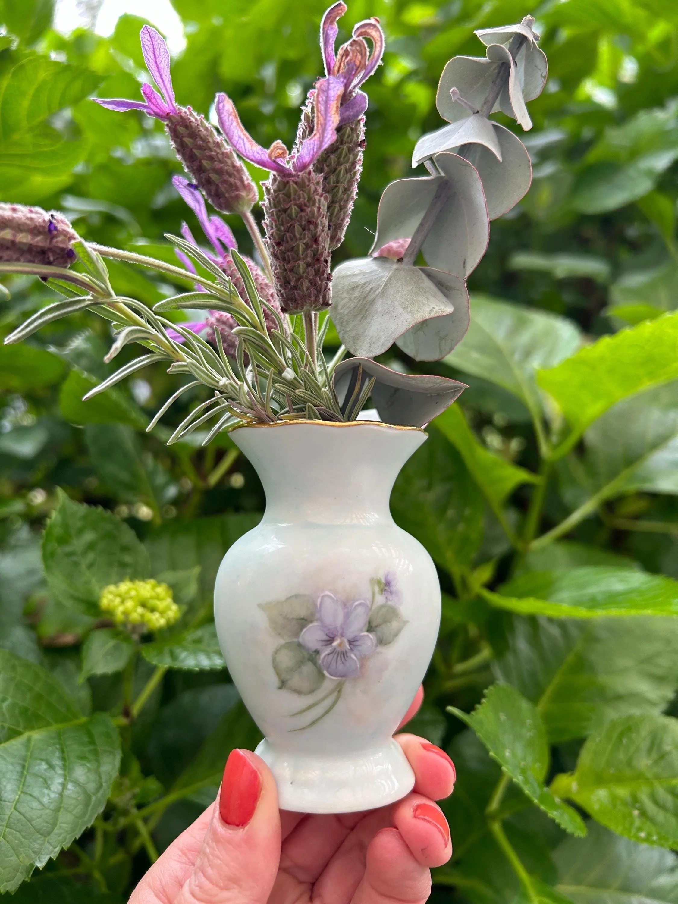 Profile view with purple blooms and eucalyptus foliage