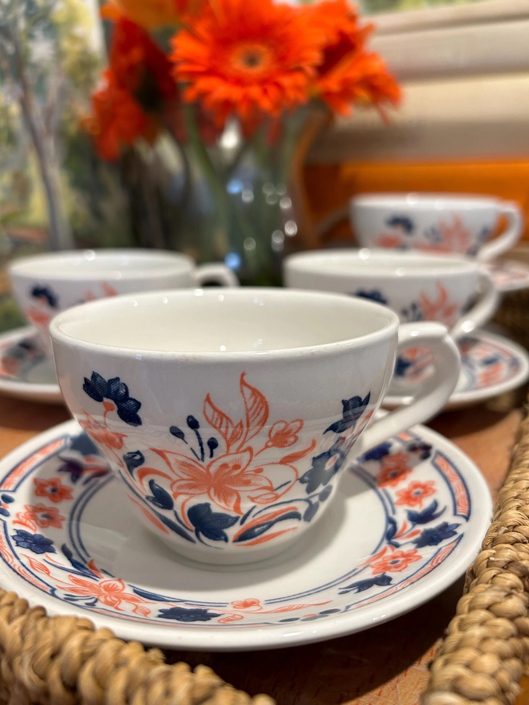 A vintage Churchill Imari tea cup & saucer set (1980s-1990s) with a bold blue & red floral pattern. Made in England, rare & collectible.