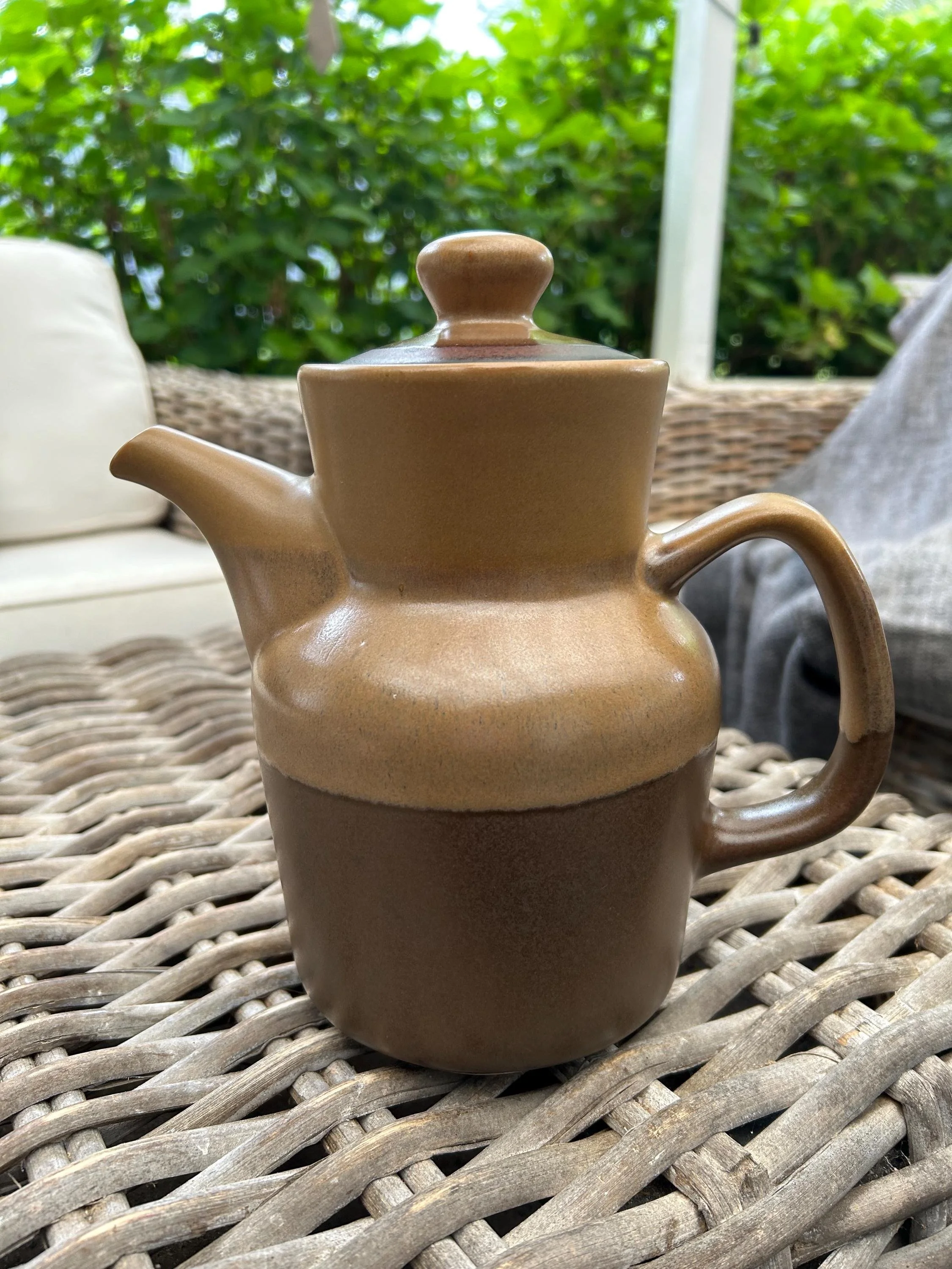 Top-down image of lid and spout with dark brown rim detail