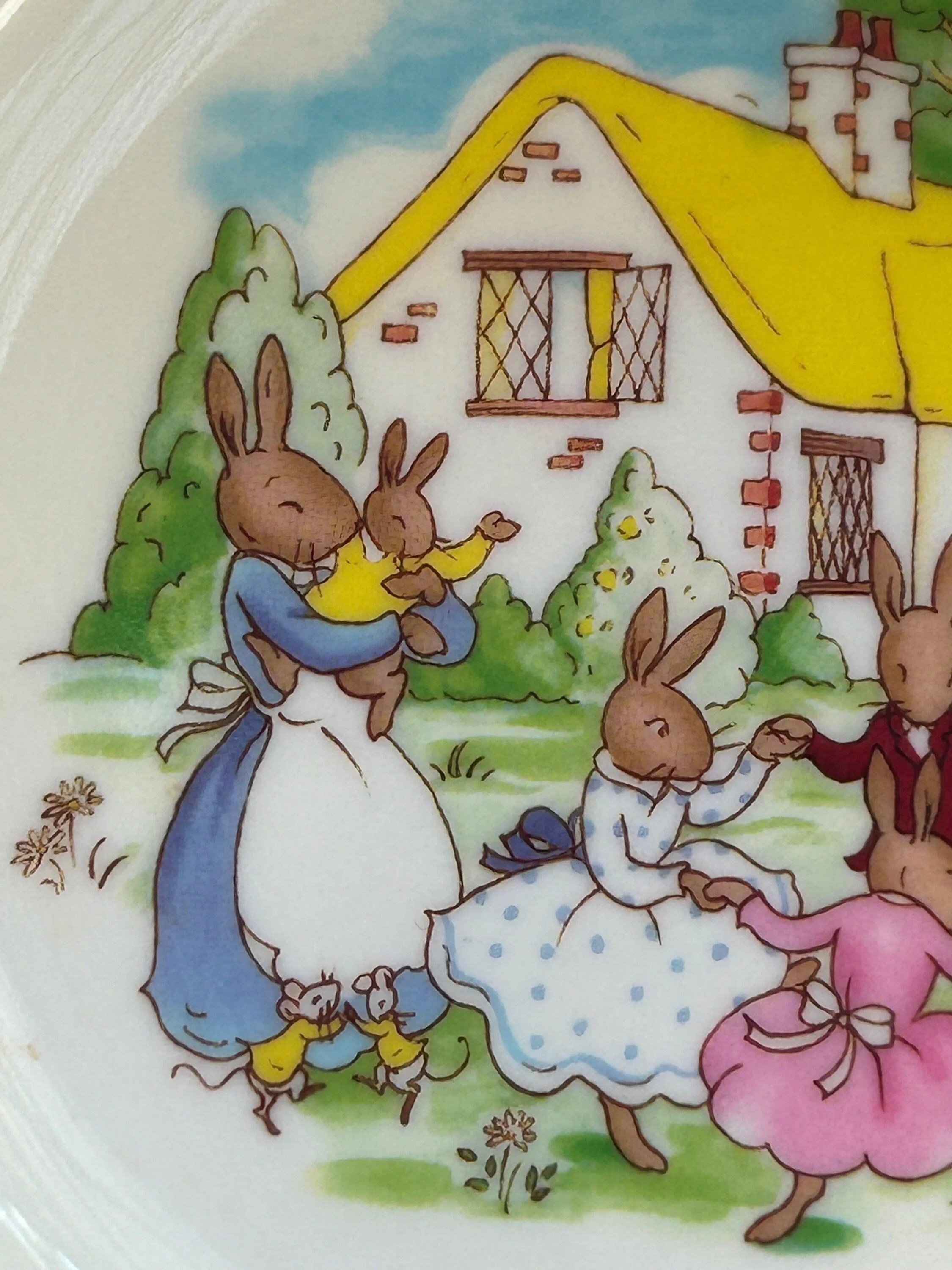 Detailed close-up of Bunnykins illustration showing rabbits in front of cottage, highlighting colours and character design