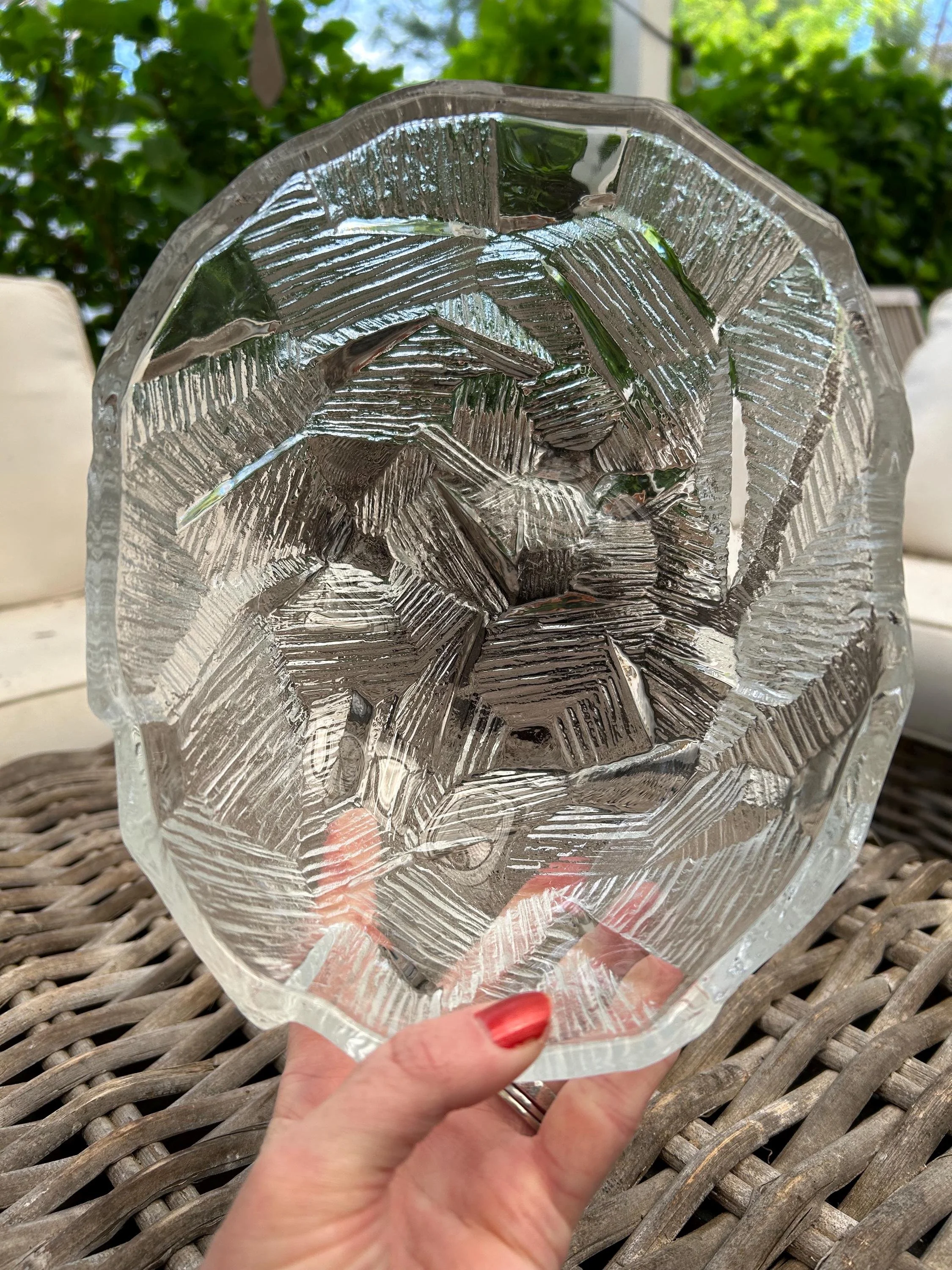 Side profile of textured Mikasa ice bowl with scalloped edge and thick glass