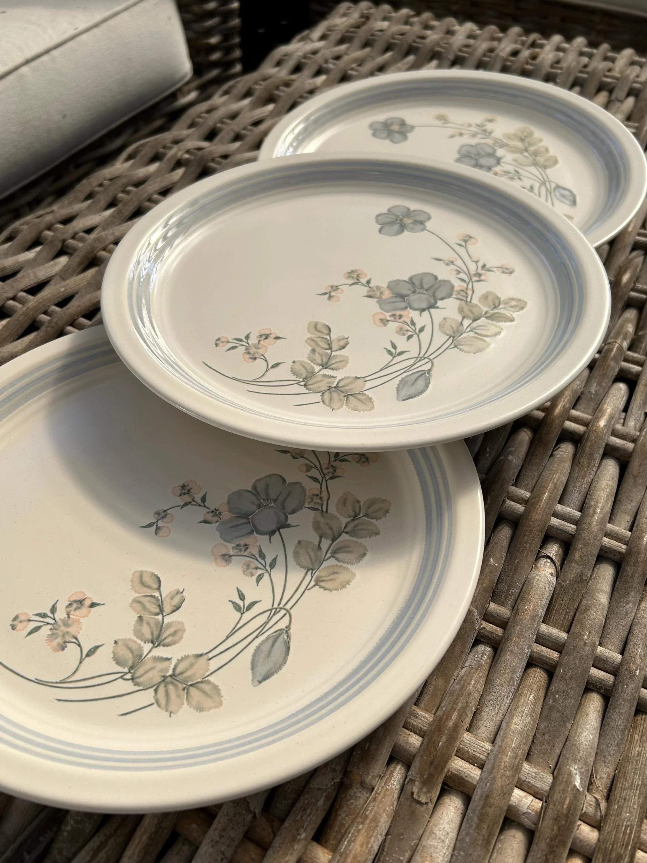 Layered view of plates showing gentle pastel floral design