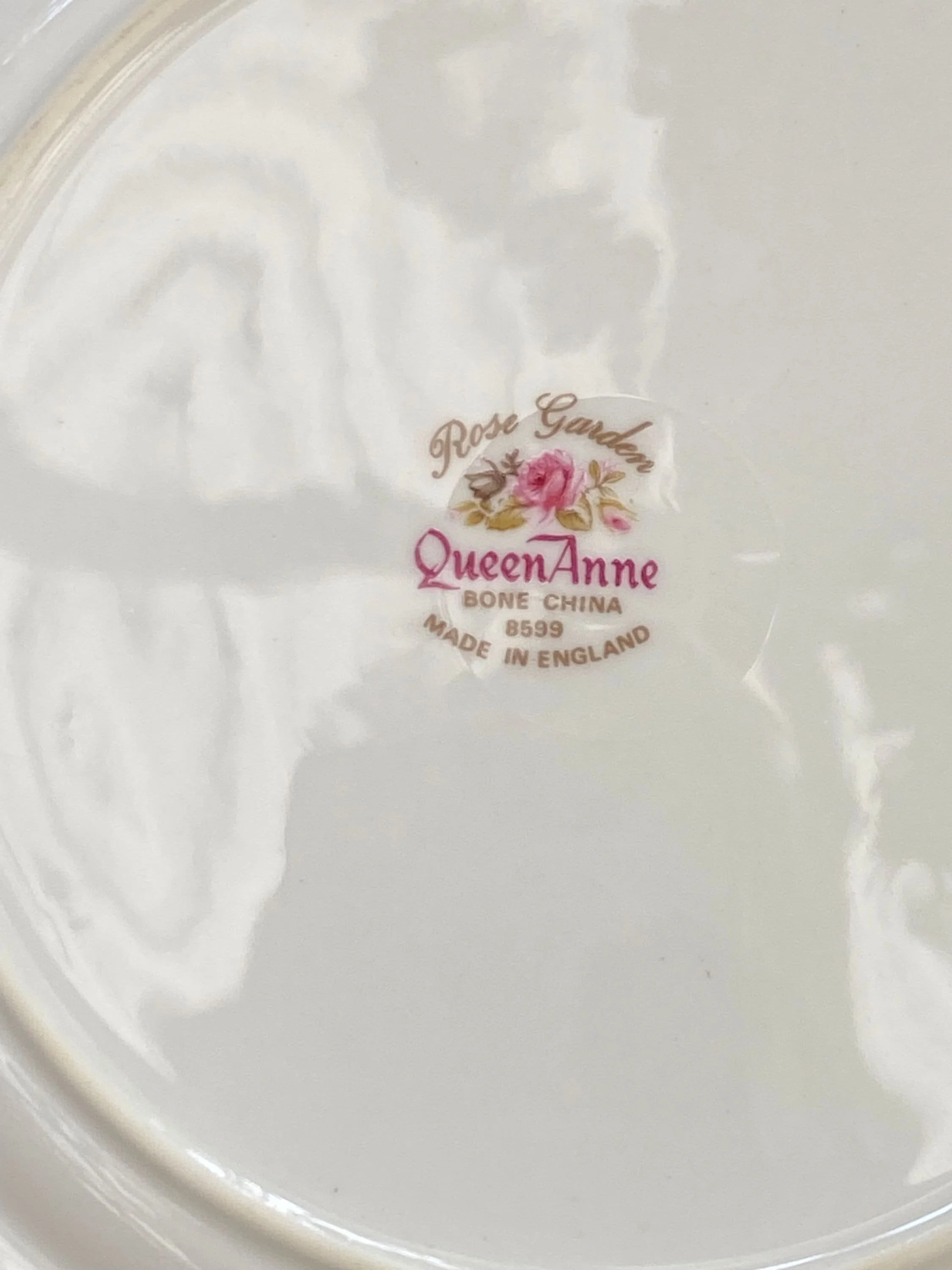 Close-up of the Queen Anne backstamp: “Bone China Made in England – Rose Garden”