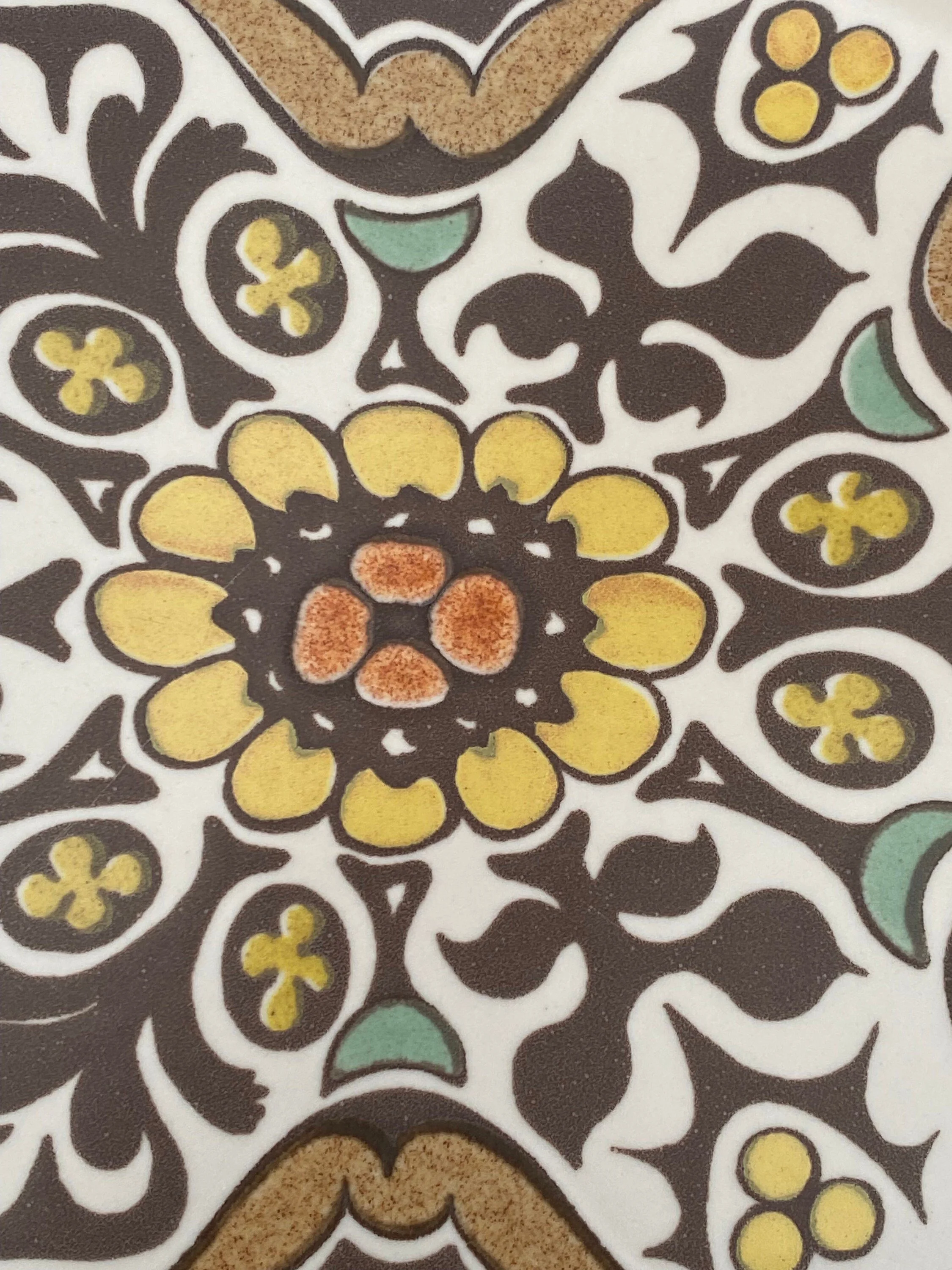 Macro shot of central flower motif in browns, yellows, and oranges