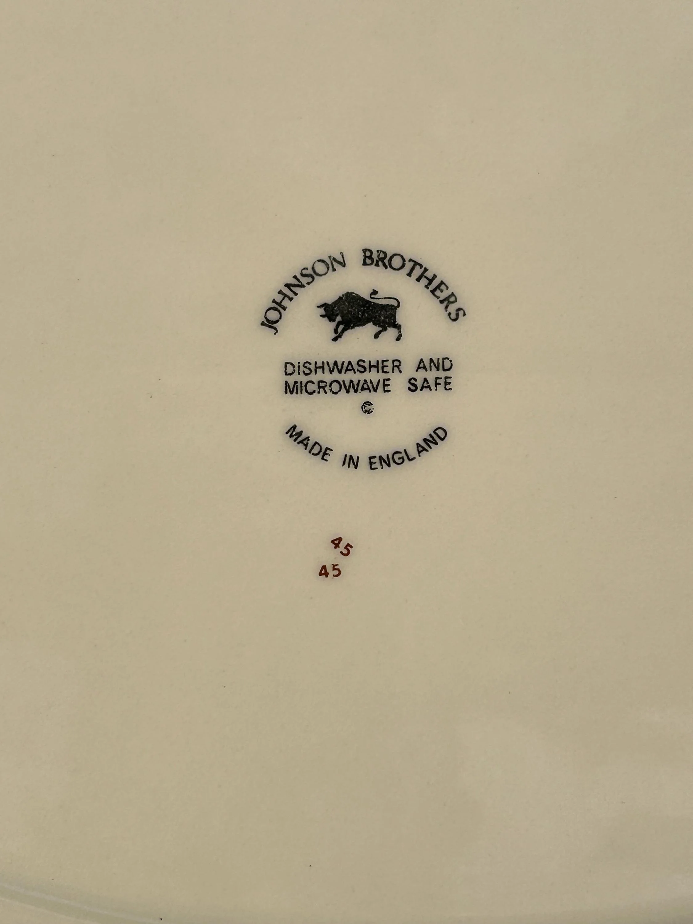 Close-up of maker’s mark on the base: "Johnson Brothers – Made in England – Dishwasher and Microwave Safe"