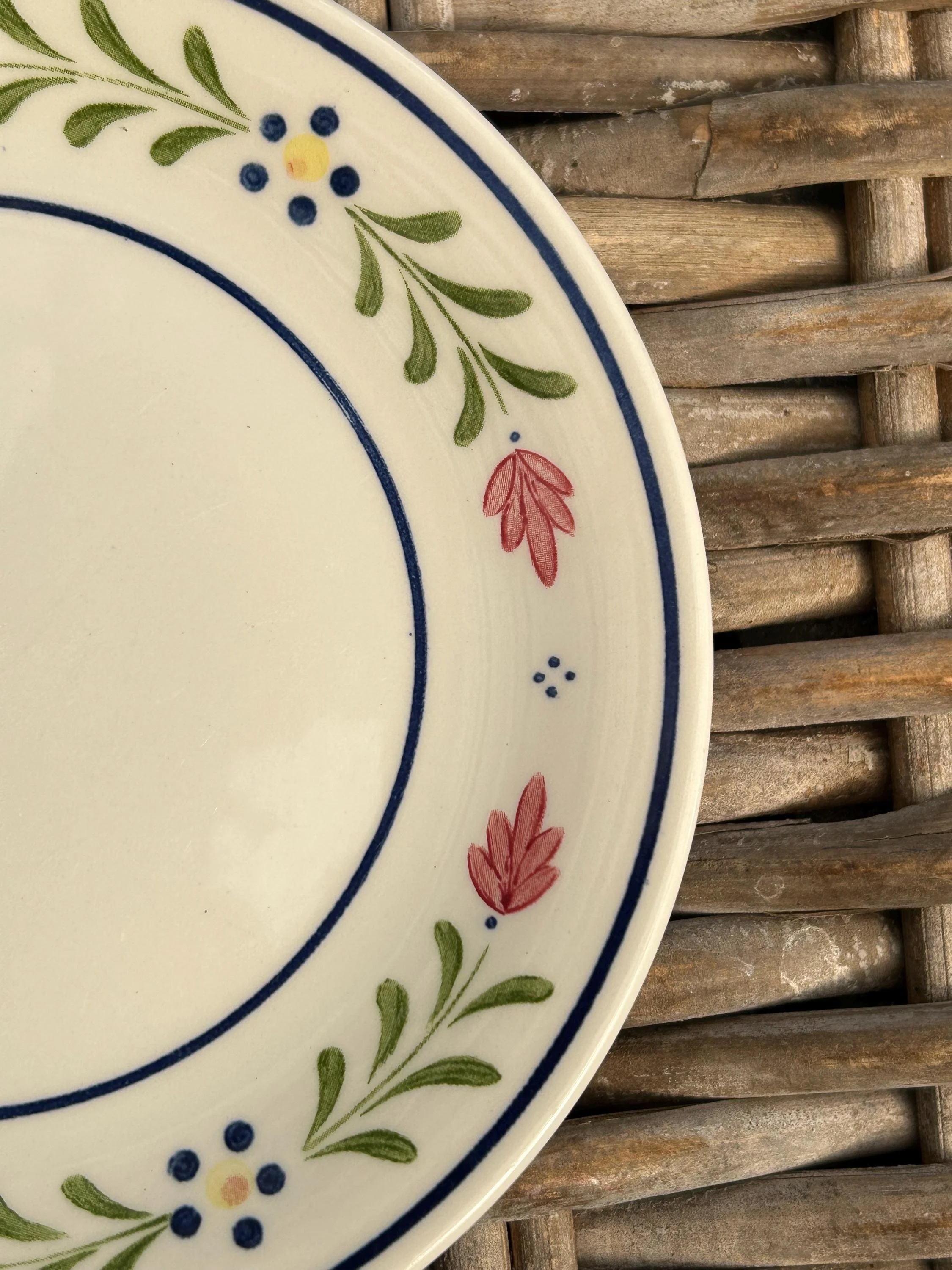 Close-up of rim showing navy blue dot and floral detail with green leaves