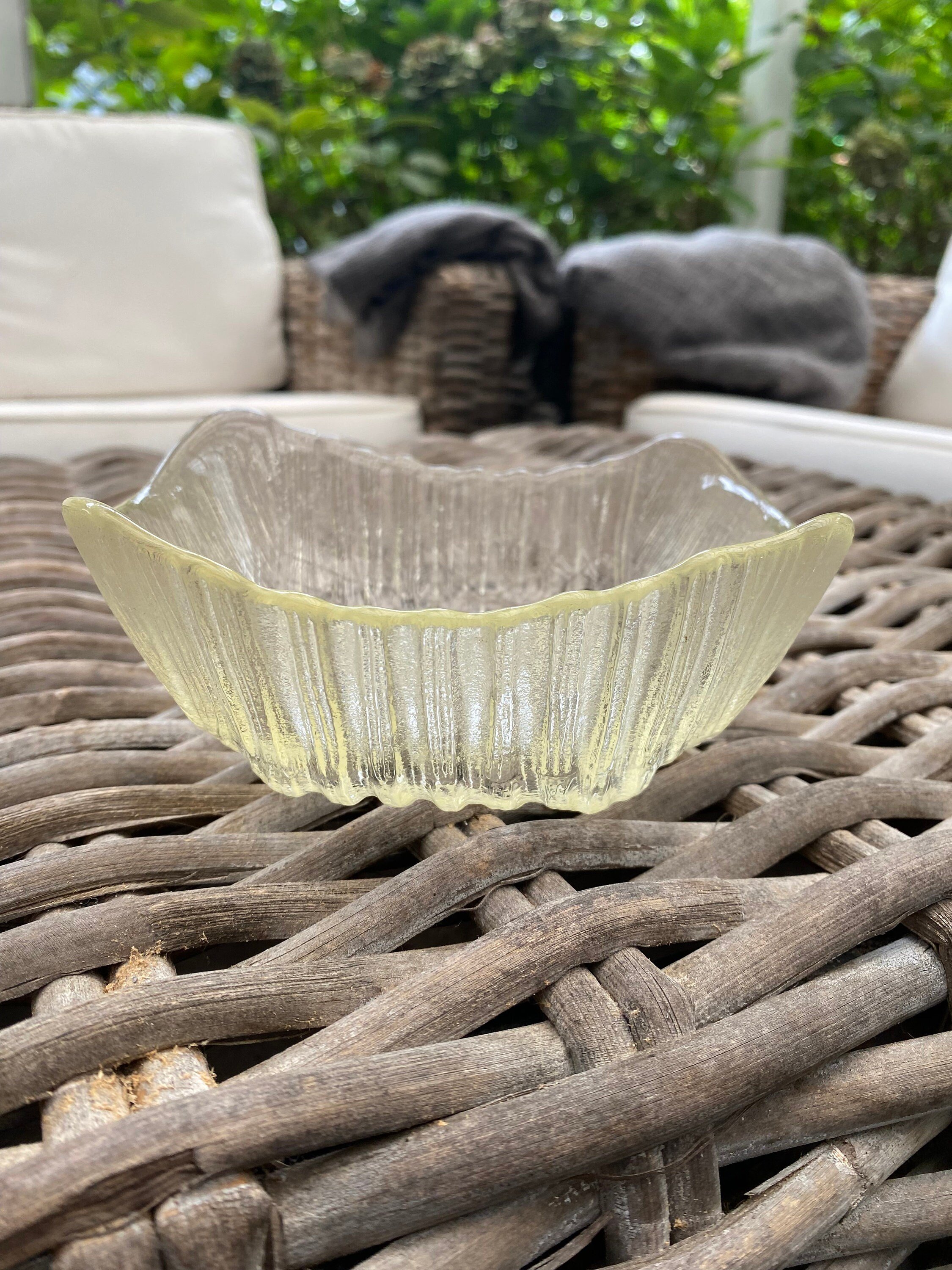 Vintage artisan-crafted square glass bowl with soft yellow gradient. Decorative or functional use—textured finish with vintage wear and warmth.