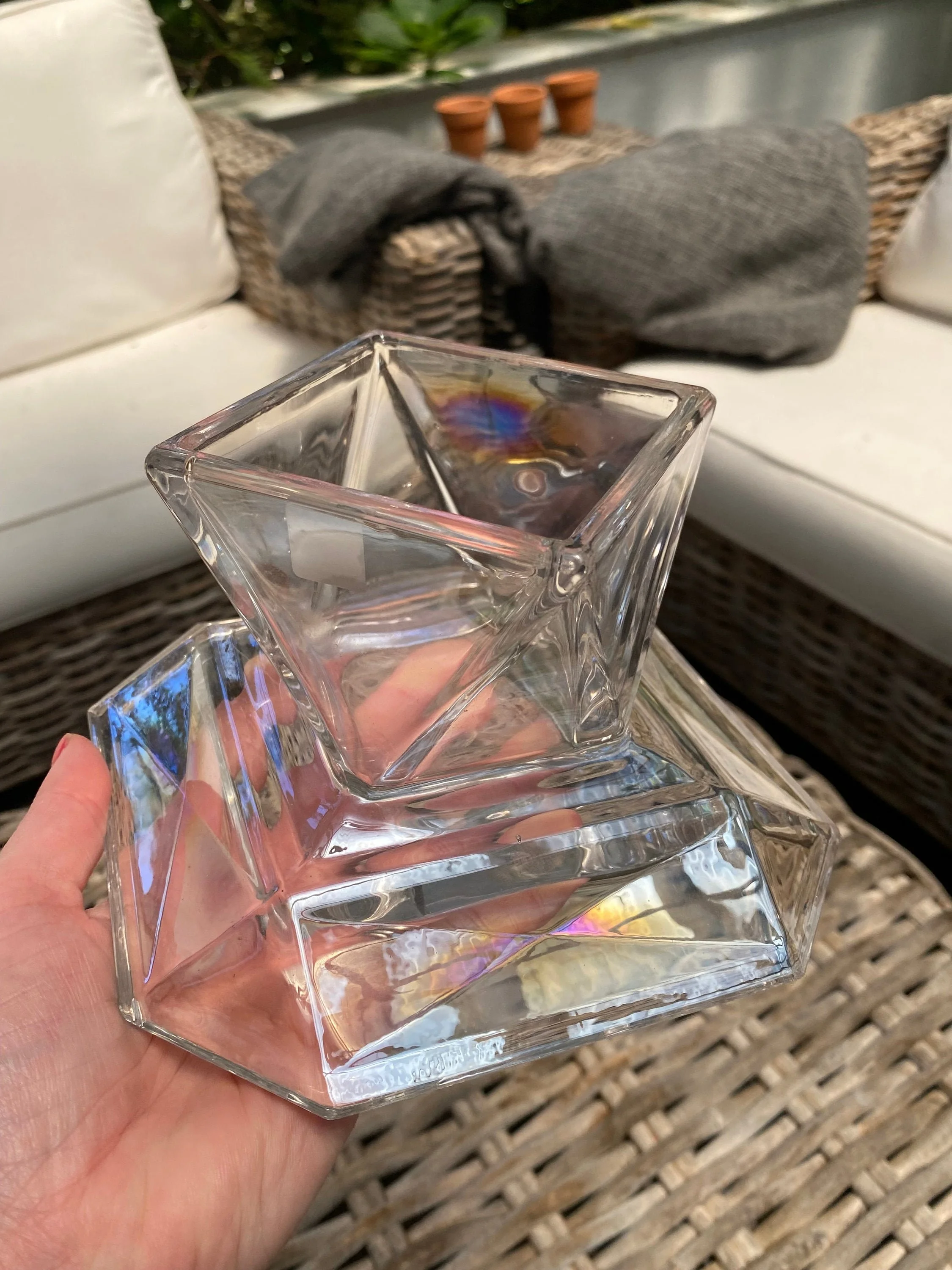 Side-by-side view showing crystal glimmer in natural light outdoors