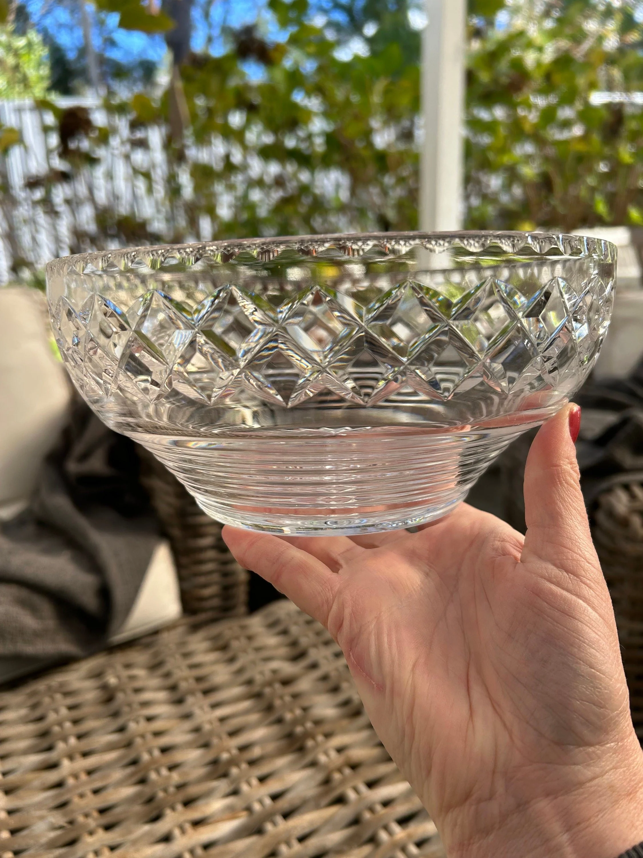 Side profile of vintage crystal serving bowl showing shape, depth, and cut design