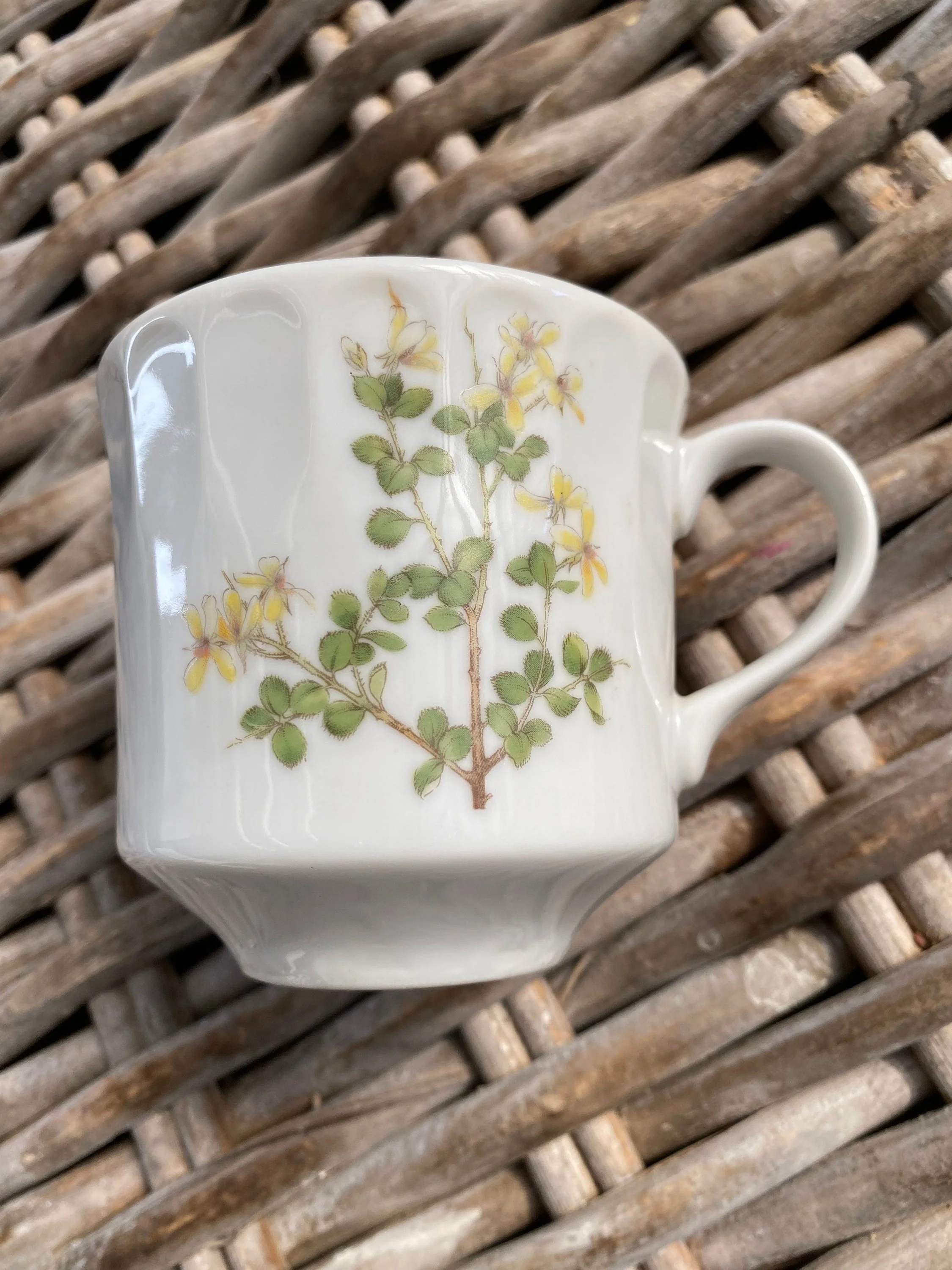 Top angled view of vintage Japanese floral cup with yellow blossoms and green leaves