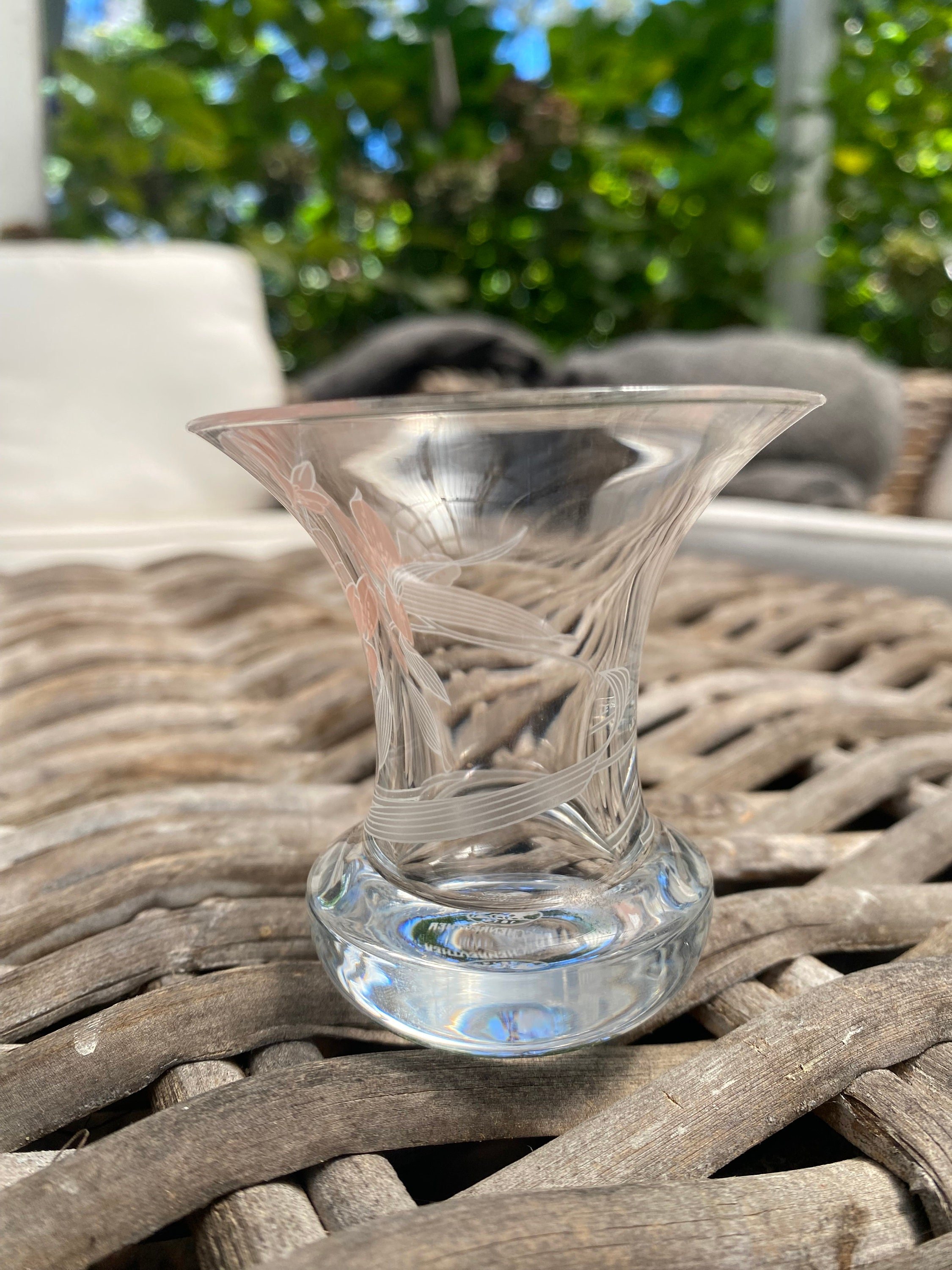 Side angle of vase showing clarity and etching