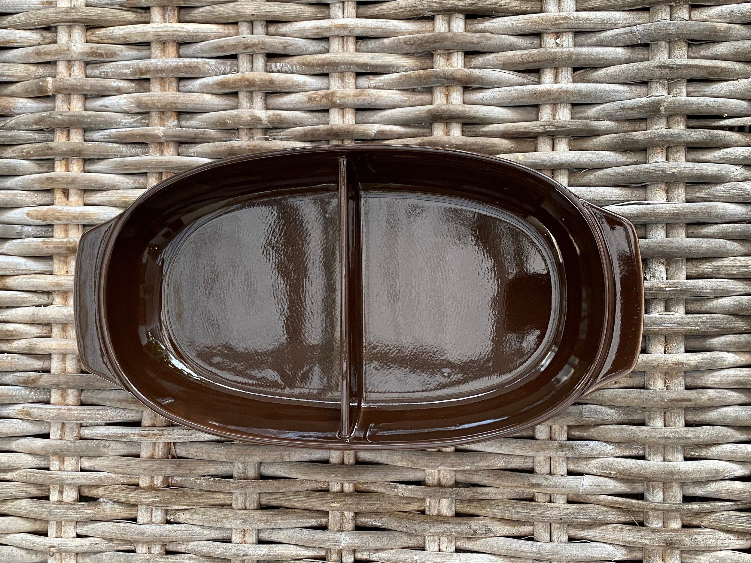 Divided Serving Dish | Chocolate Brown Glaze | Mid-Century | Oven-Proof Japan